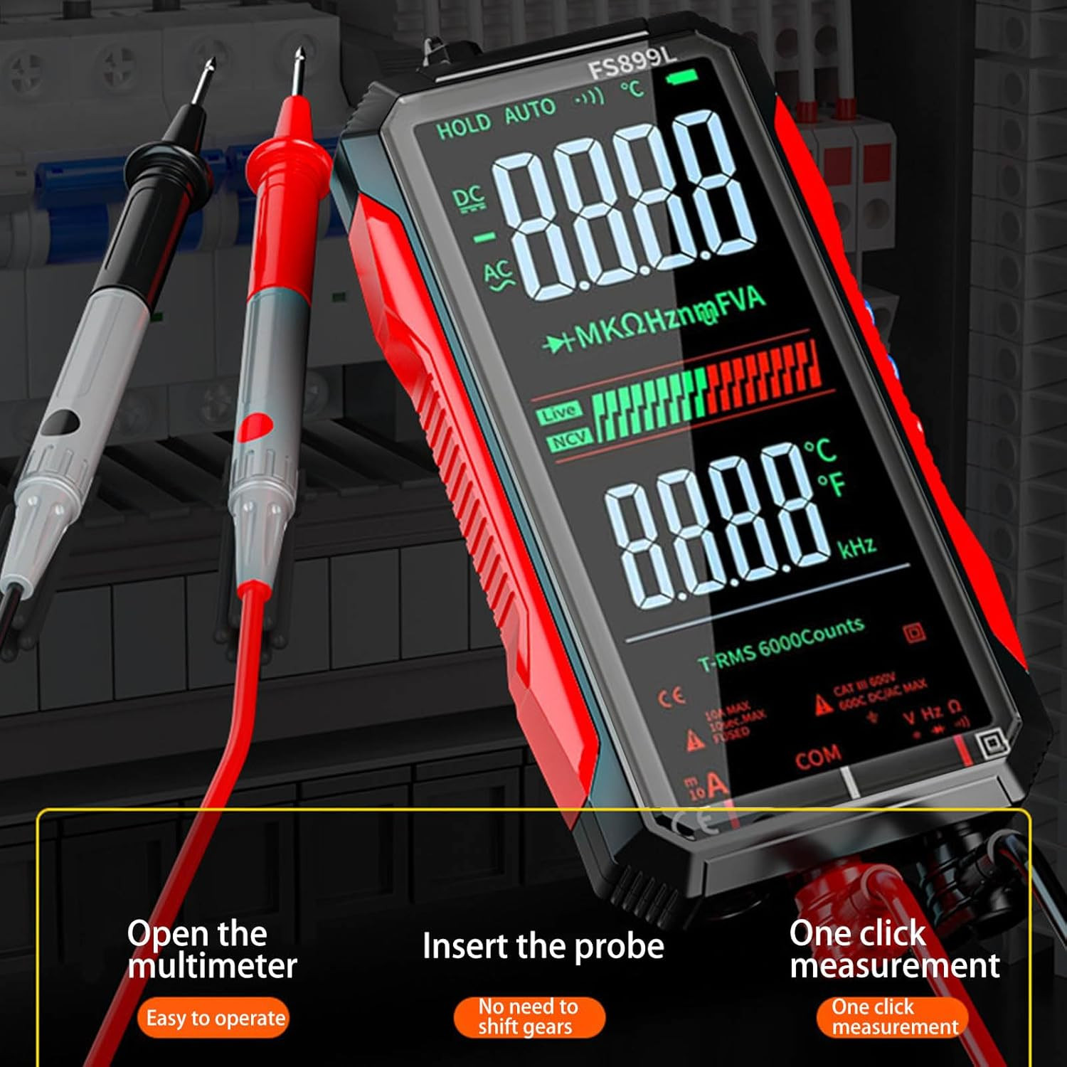 True RMS AC/DC Voltage Tester, Fs899L Digital Multimeter, USB C Rechargeable