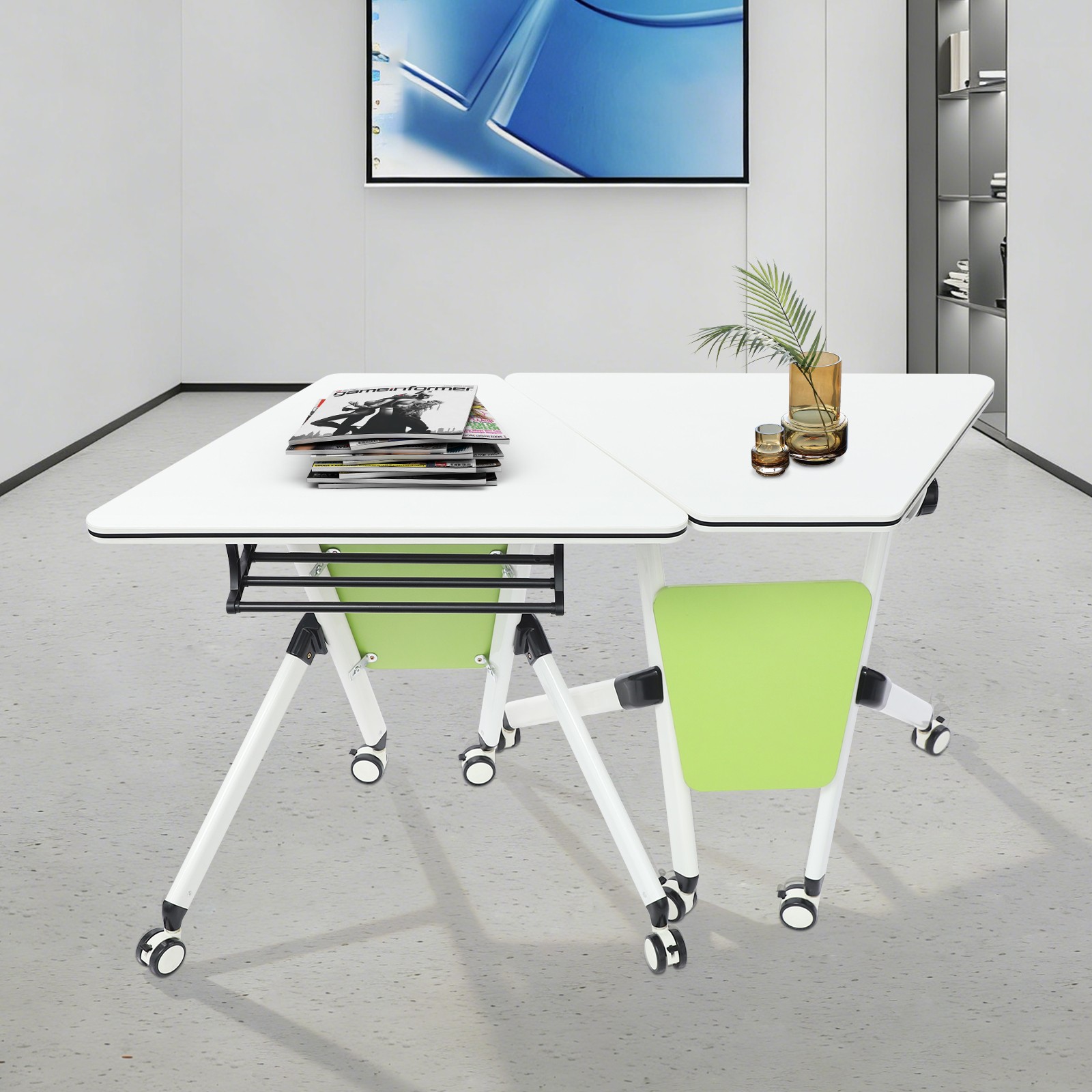 Modern Modular Folding Conference Table, Flip Top Training Desk with Wheels