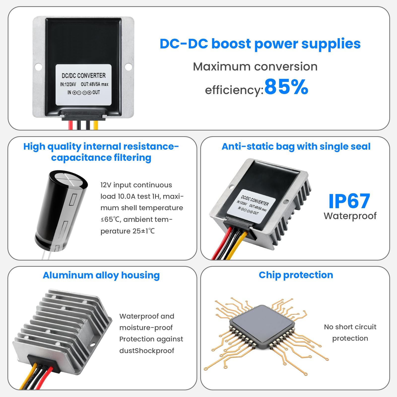 MZHOU F30S48V5A5L 240W DC-DC Boost Converter 12V/24V to 48V 5A Waterproof IP67