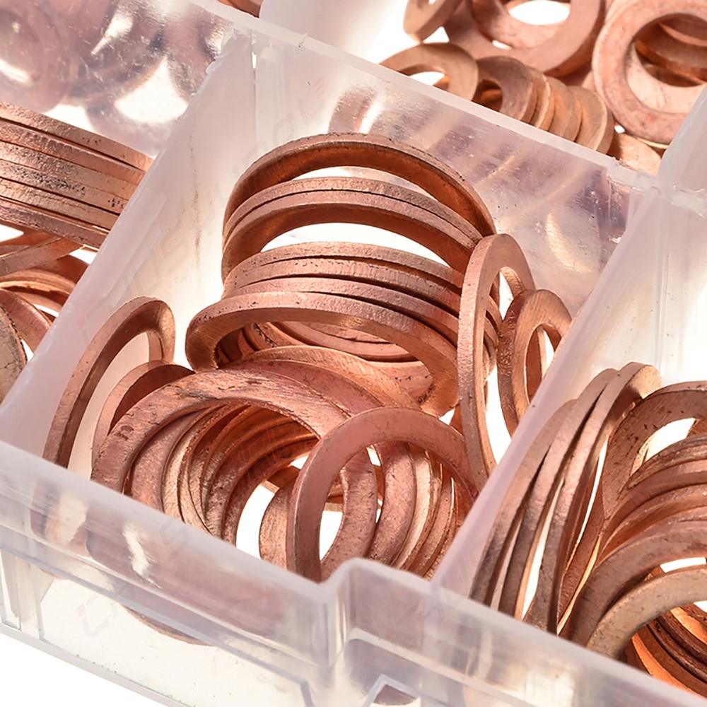 200PC M5-m14 Copper Washers Gasket Set Flat Ring Seal Kit With Plastic Box