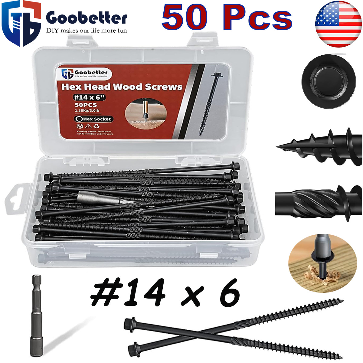 Heavy-Duty Black Timber Structural Wood Screw with Hex Socket #14 x 6 Extra Long