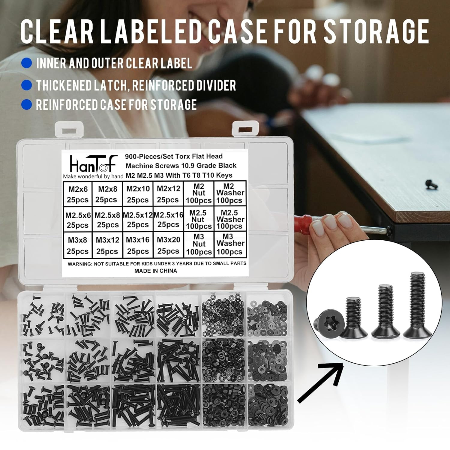 900 Pcs Torx Countersunk Screws, M2 M2.5 M3 Bolts and Nuts Washers Set, Star Dri