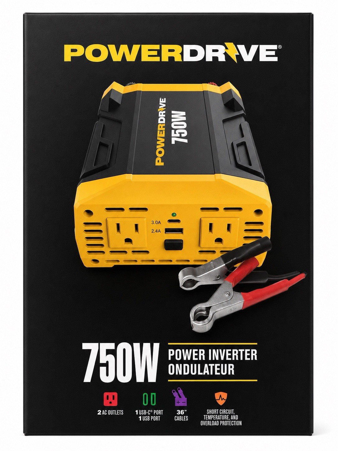 PowerDrive PWD750 750W Power Inverter 12V DC to 110V AC 2 AC USB-C USB NEW
