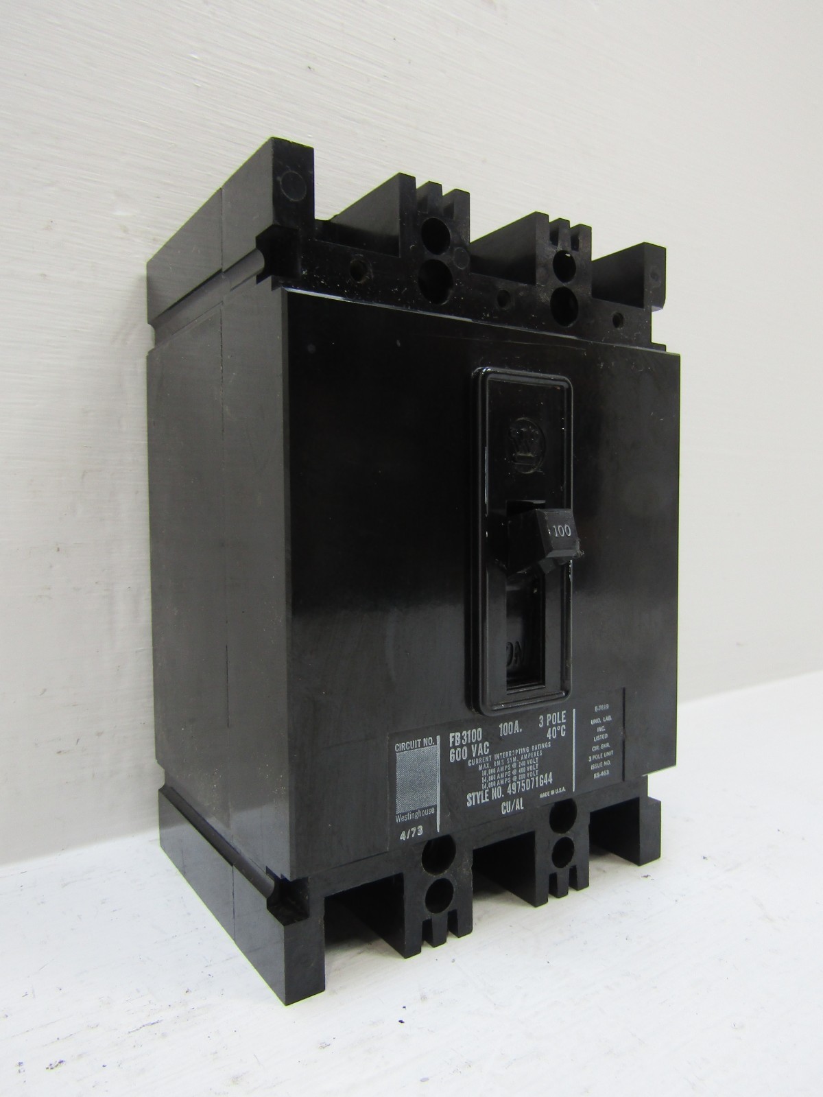Westinghouse FB3100 100 Amp 600V 3-Pole Circuit Breaker 100A 4975D71G44