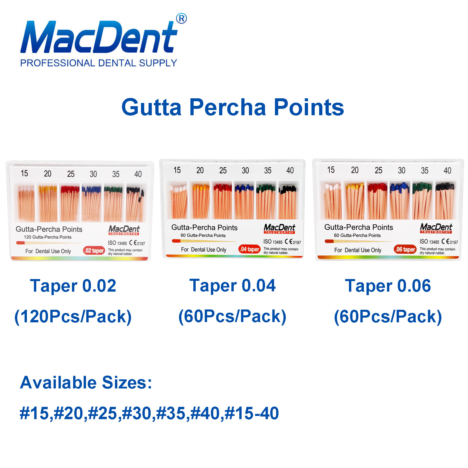 MacDent Dental Endodontic Gutta Percha Point Taper F1,F2,F3/0.02/0.04/0.06 15-40