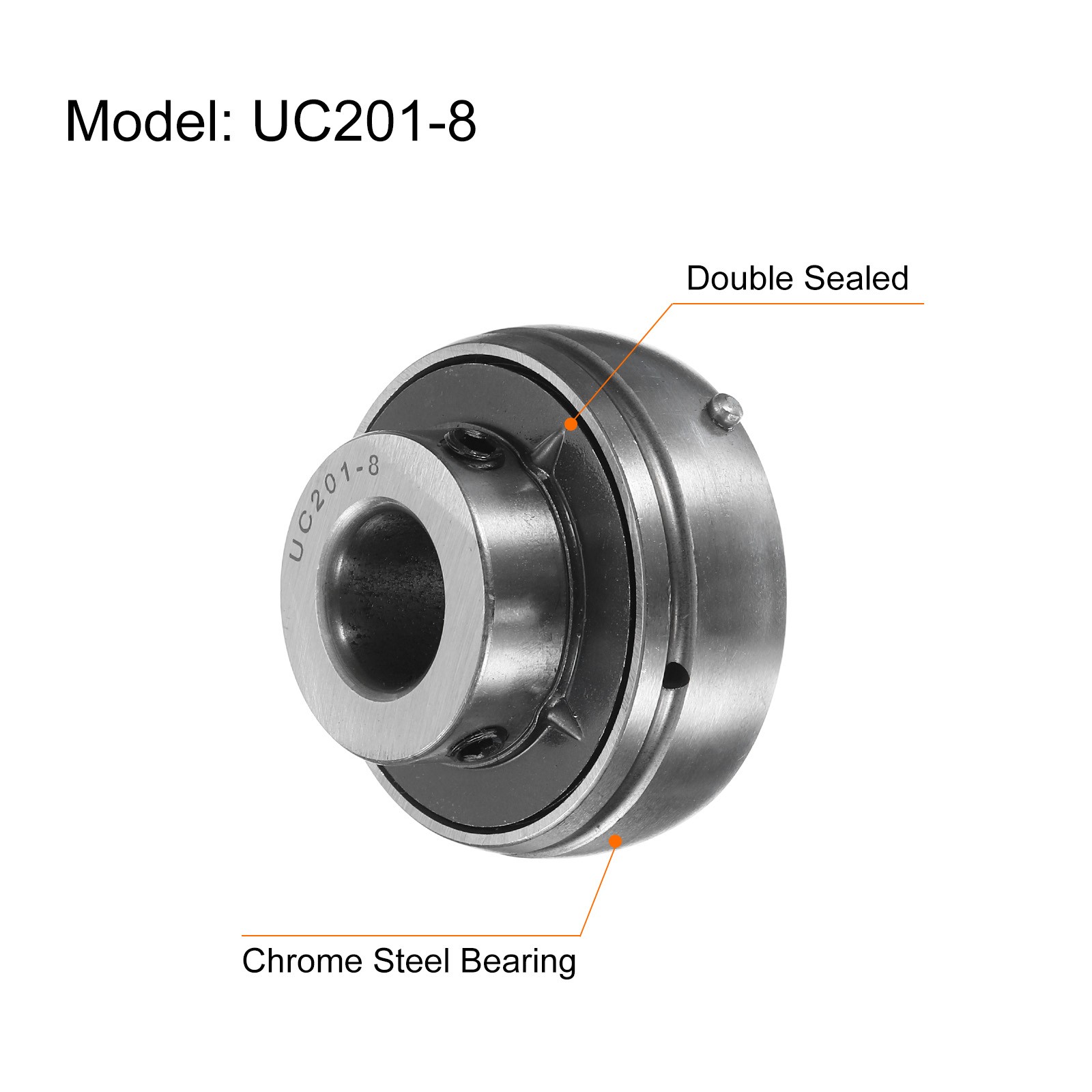 Ball Bearing Insert, Chrome Steel Gcr15 UC201-8 Bore 1/2″ Set Screws