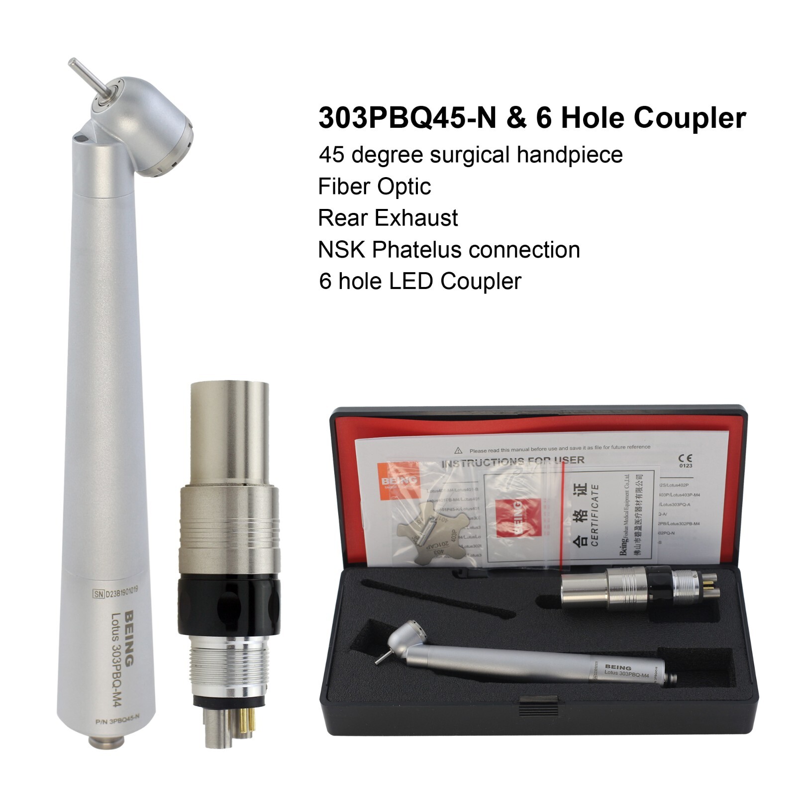 Dental 45 Degree Surgical High Speed Handpiece Fiber Optic KaVo NSK LED Coupler