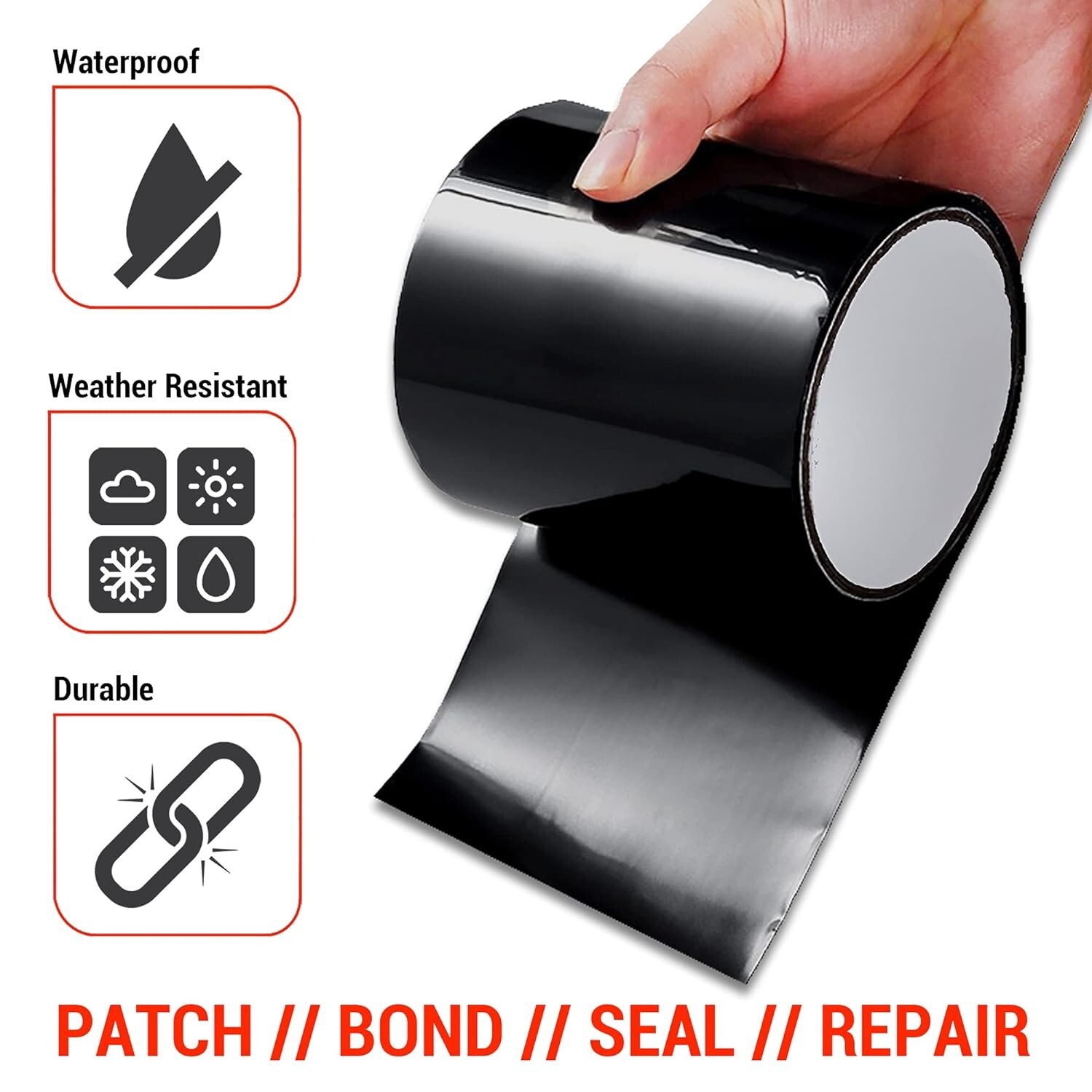 Flex Waterproof Rubberized Tape Stop Leak Seal Tape Repair Patch 4″ X 5Ft Black