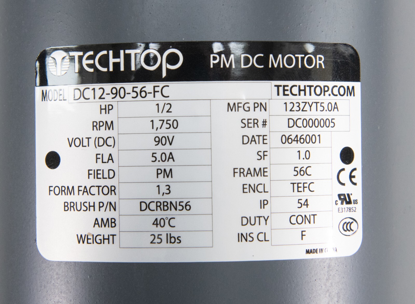 Techtop DC12-90-56-FC Electric Motor 1/2 HP 1750 Rpm 90 Volt DC 56C Frame TEFC