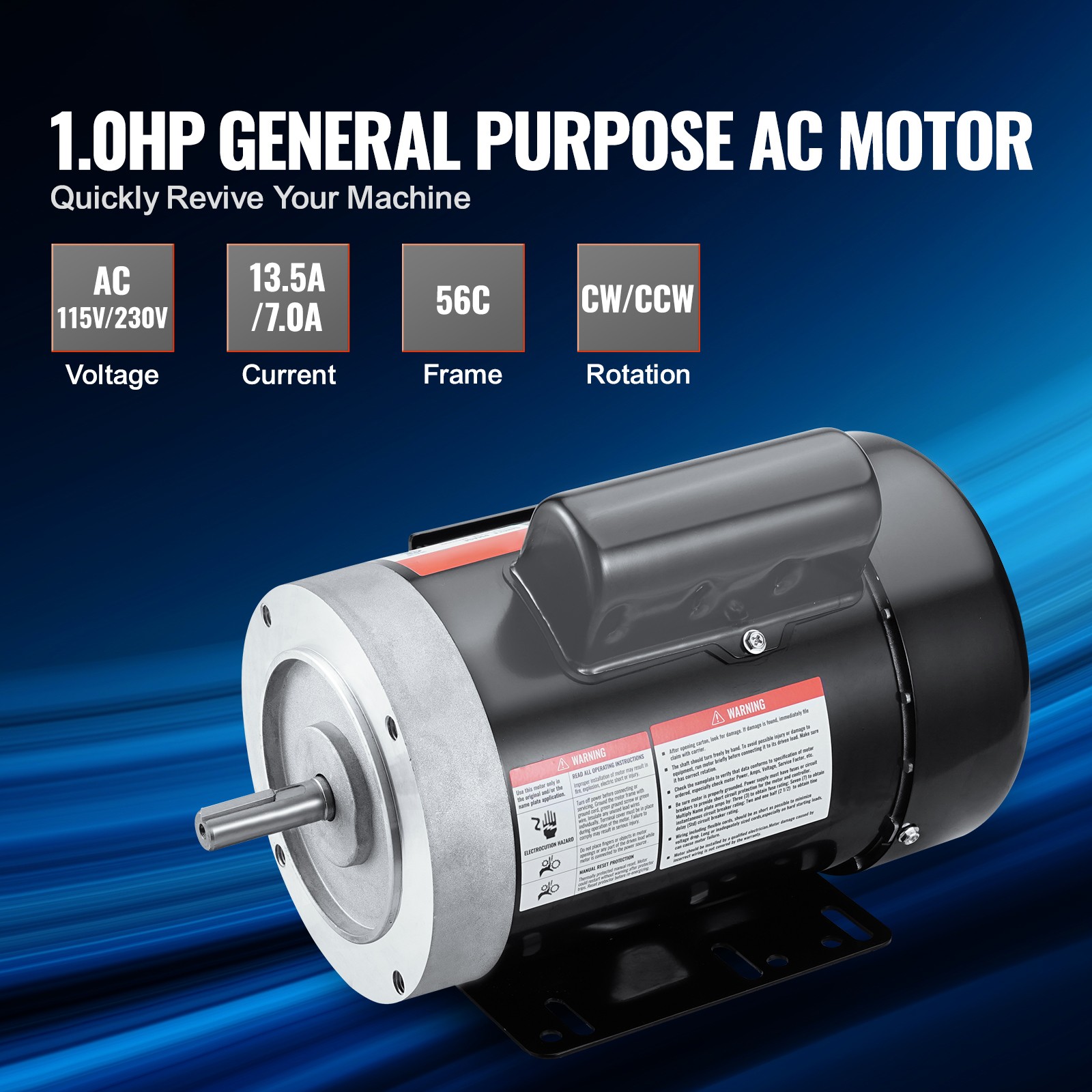 1HP Electric Motor 3450RPM AC115V/230V 56C Frame 1-Phase 5/8″ Keyed Shaft