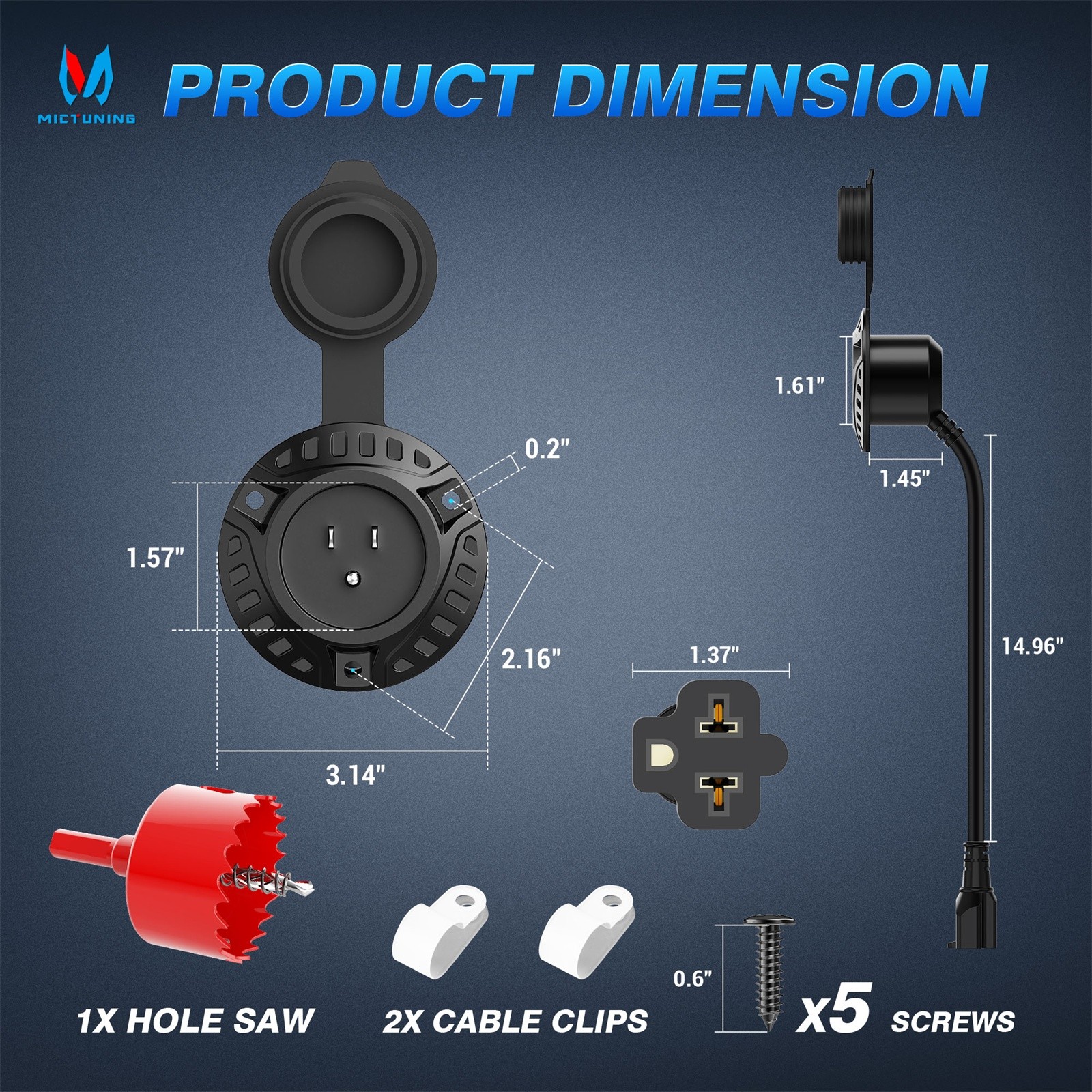 5-in-1 Round 20 Amp 125V AC Plug Port RV Shore Power Inlet Socket with Hole Saw
