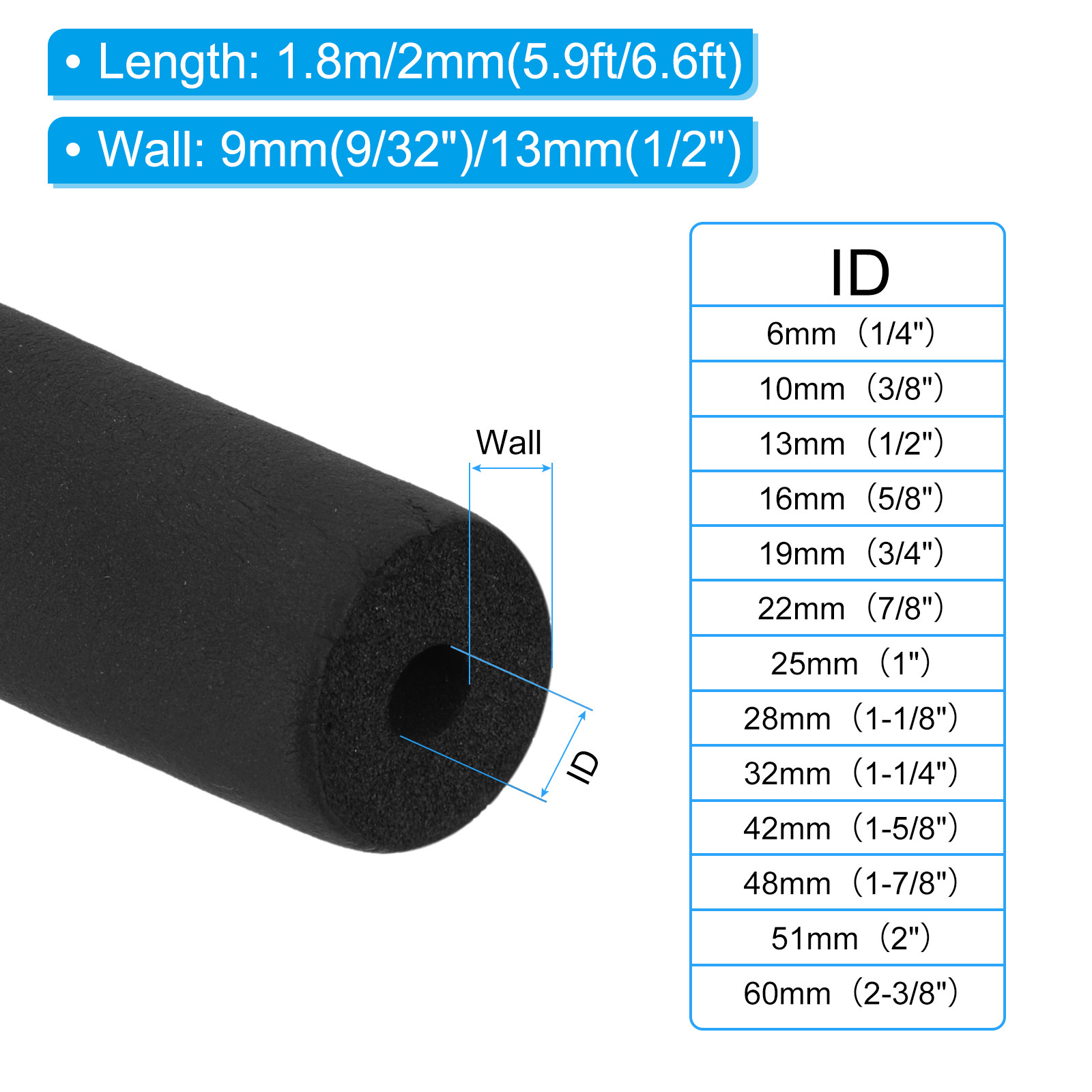 1″(25mm) ID x 6Ft x 0.35″ Pipe Insulation Foam Tube Pipe Cover Wrap Roll