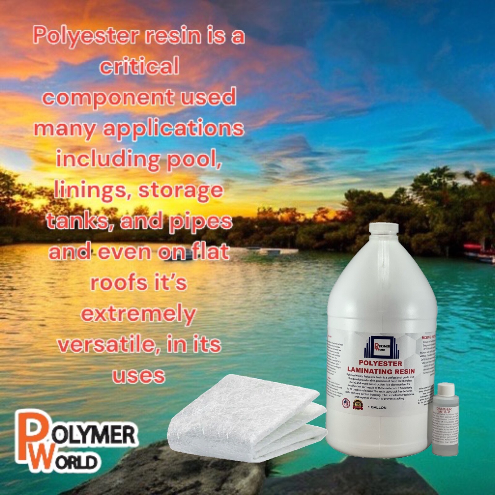 Fiberglass Repair Kit 1 Gal of Polyester Resin .75x50x10 Yard Chopped Strand Mat