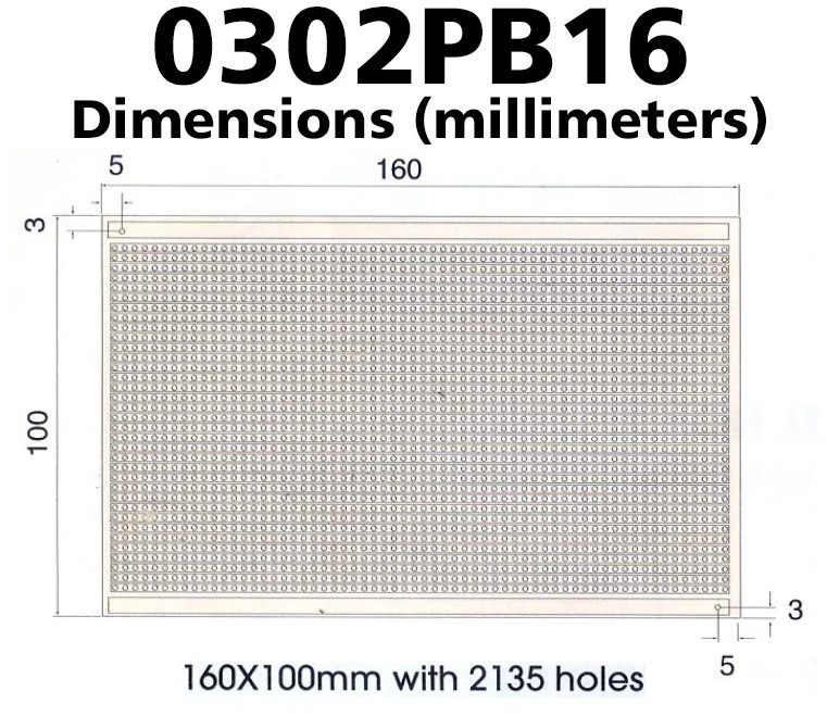 Prototyping PCB Perfboard with Rows of Interconnected Holes, 6.3 x 3.9 Inches, 2