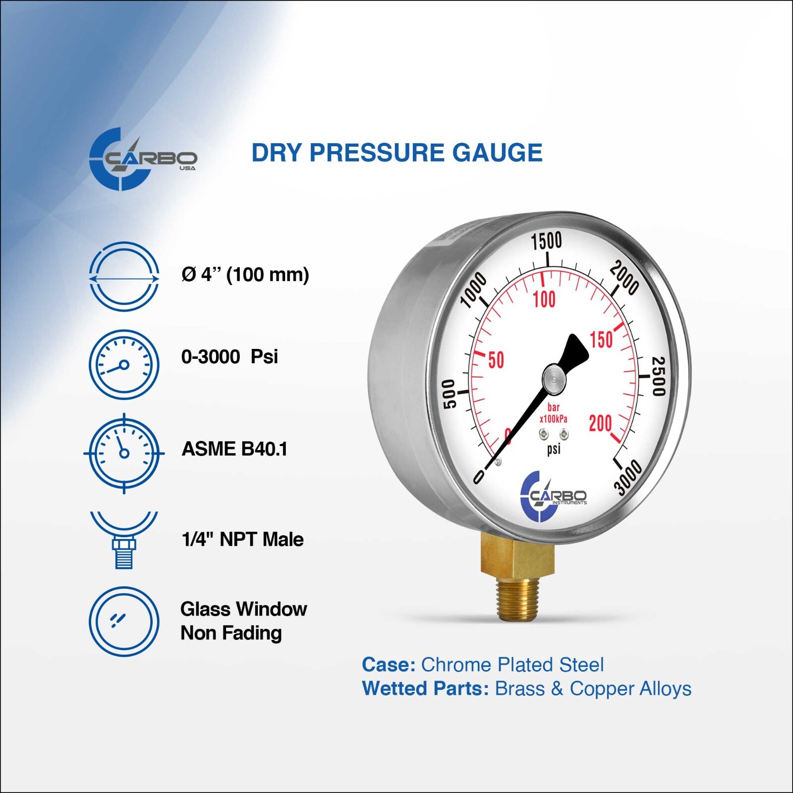 4″ Pressure Gauge – Chrome Plated Steel Case, 1/4″NPT, Lower Side Mnt. 3000 PSI