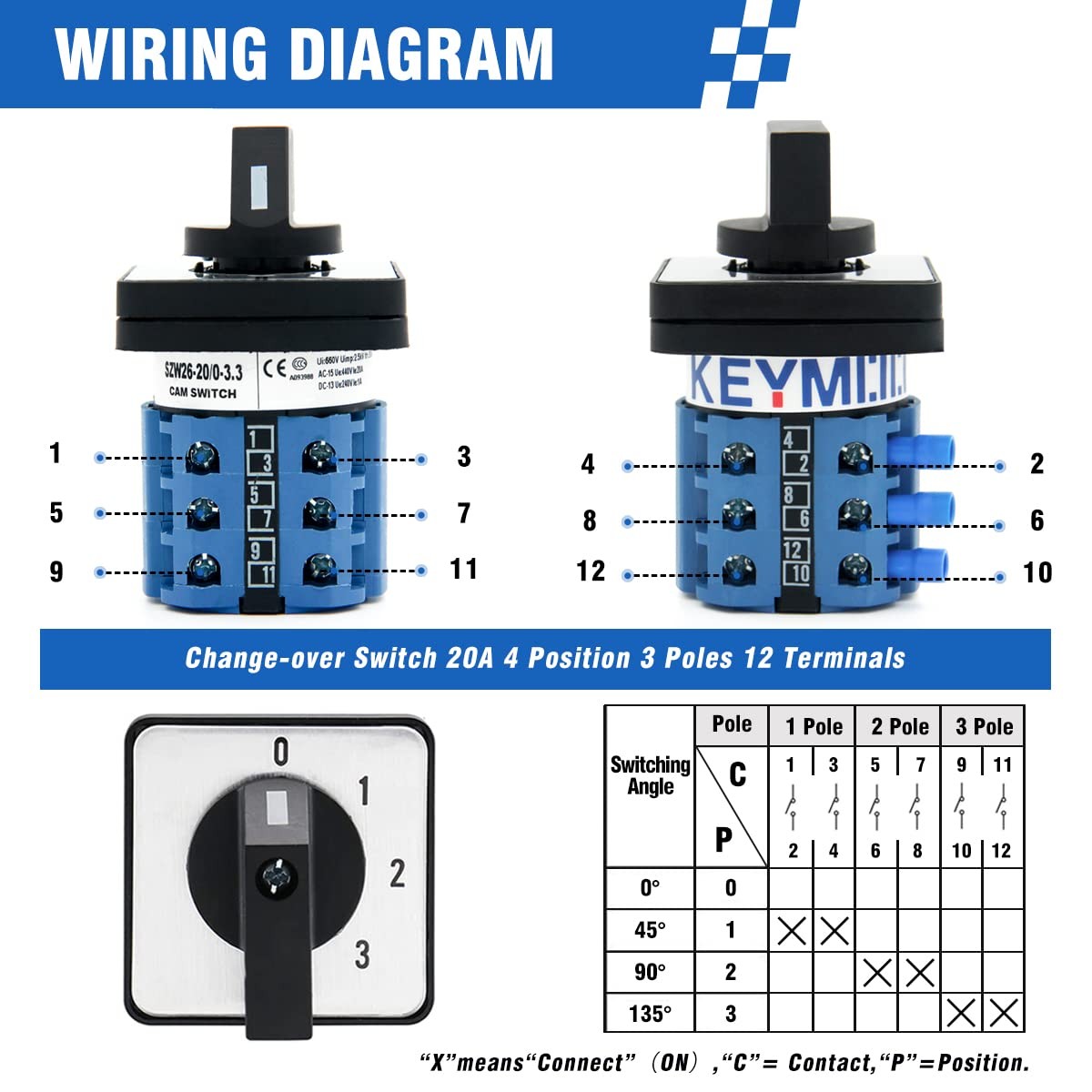 20A Rotary Changeover Switch 660V 4 Position 3 Phase 12 Terminals,3Way 2NO 2N…