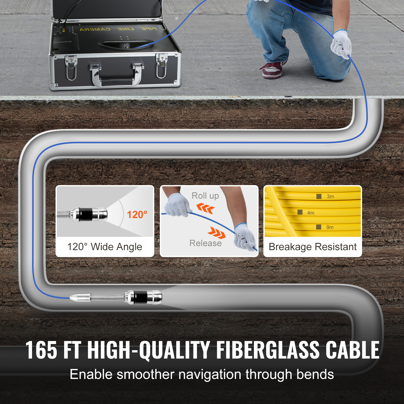 7″ Sewer Camera 50m/165ft Pipe Inspection Camera Drain Camera IP68 waterproof