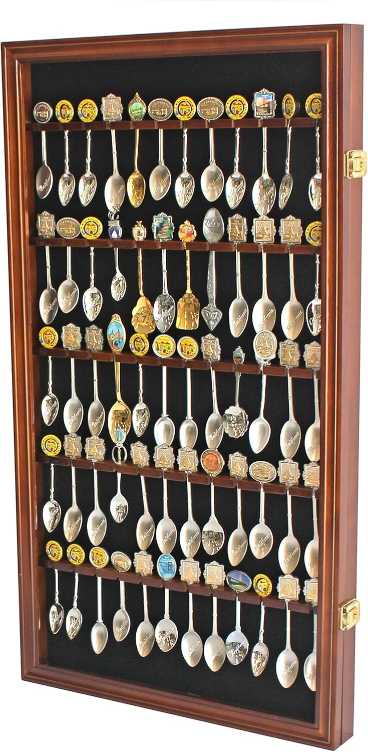 60 Souvenir Spoon Tea Display Case Rack Holder Wall Small, Walnut