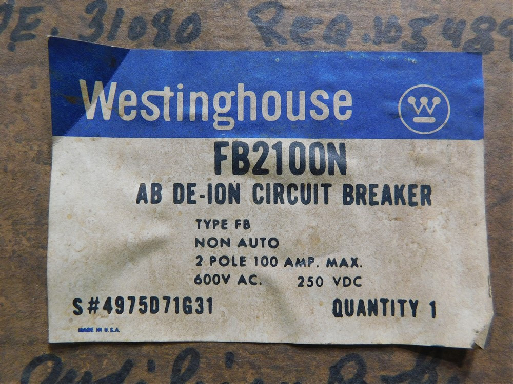 NEW Westinghouse FB2100N Circuit Breaker 2 Pole 100A 600VAC 250VDC Type FB