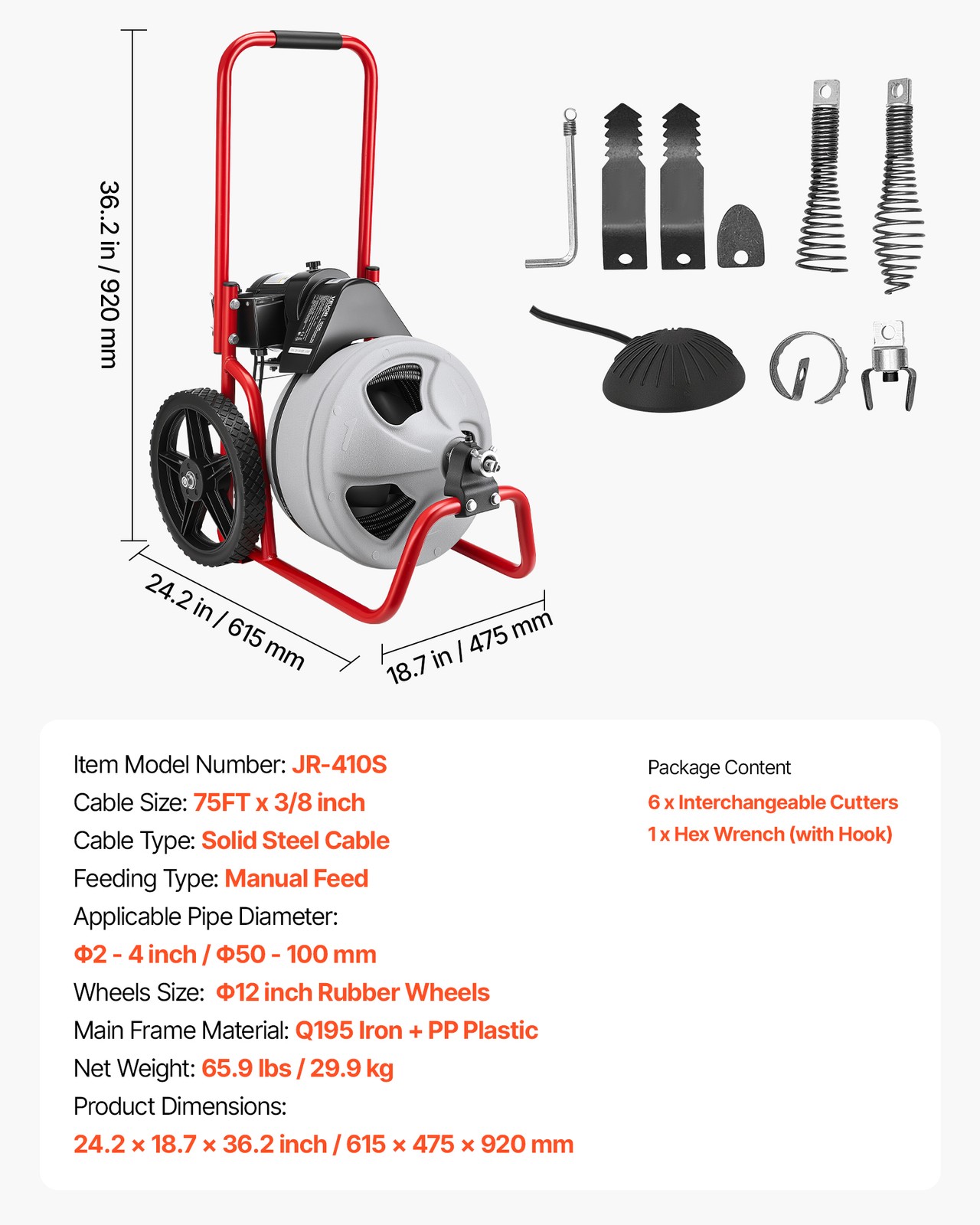 VEVOR Drain Cleaner Machine 75 FT x 3/8 Inch Sewer Snake Auger Manual Feeding