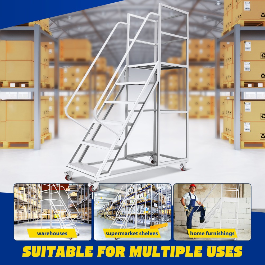 6 Step Rolling Warehouse Step Ladder, Movable Platform Ladder with Locking Wheel