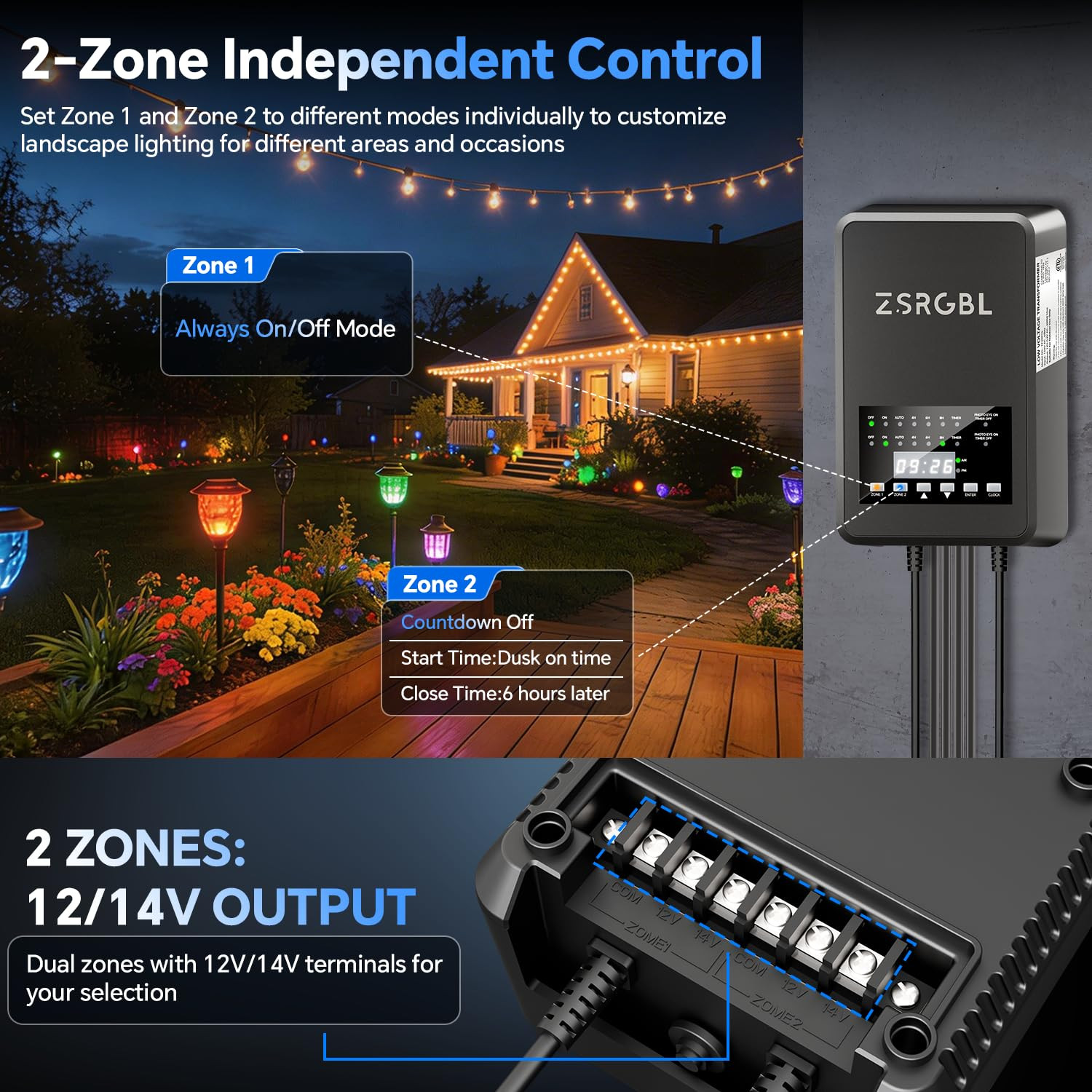 600W Low Voltage Transformer with 2 Zone Independent Control 120V AC to 12/14V A