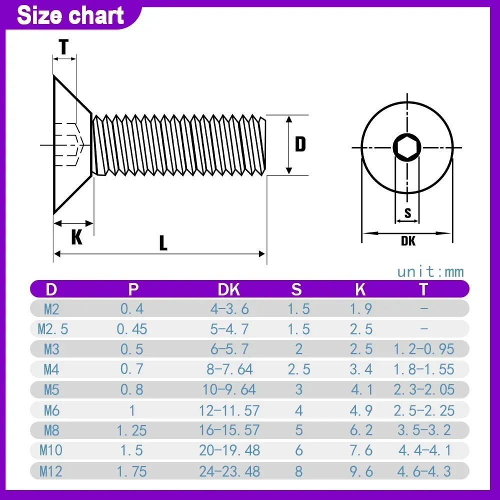 DIN7991 304 Stainless Steel Countersunk Allen Screws M2-M10 Hex Socket Bolt