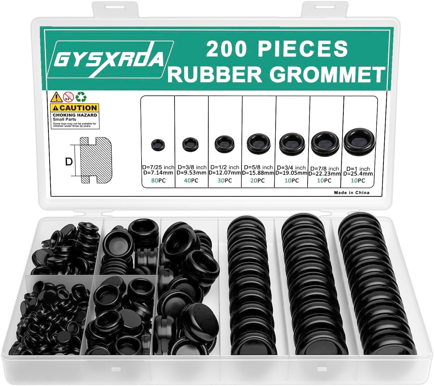 Rubber Grommet Kit 200 Pack – 7 Sizes Firewall Rubber Hole Plugs – Automotive, H