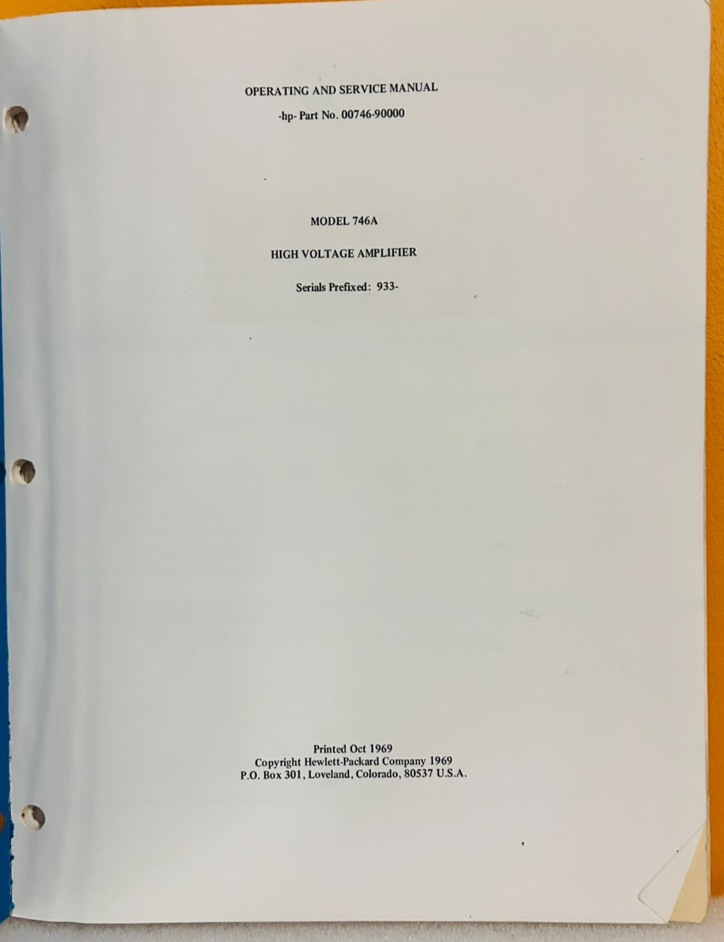 HP 00746-90000 1969 Model 746A High Voltage Amplifier Oper & Service Manual.