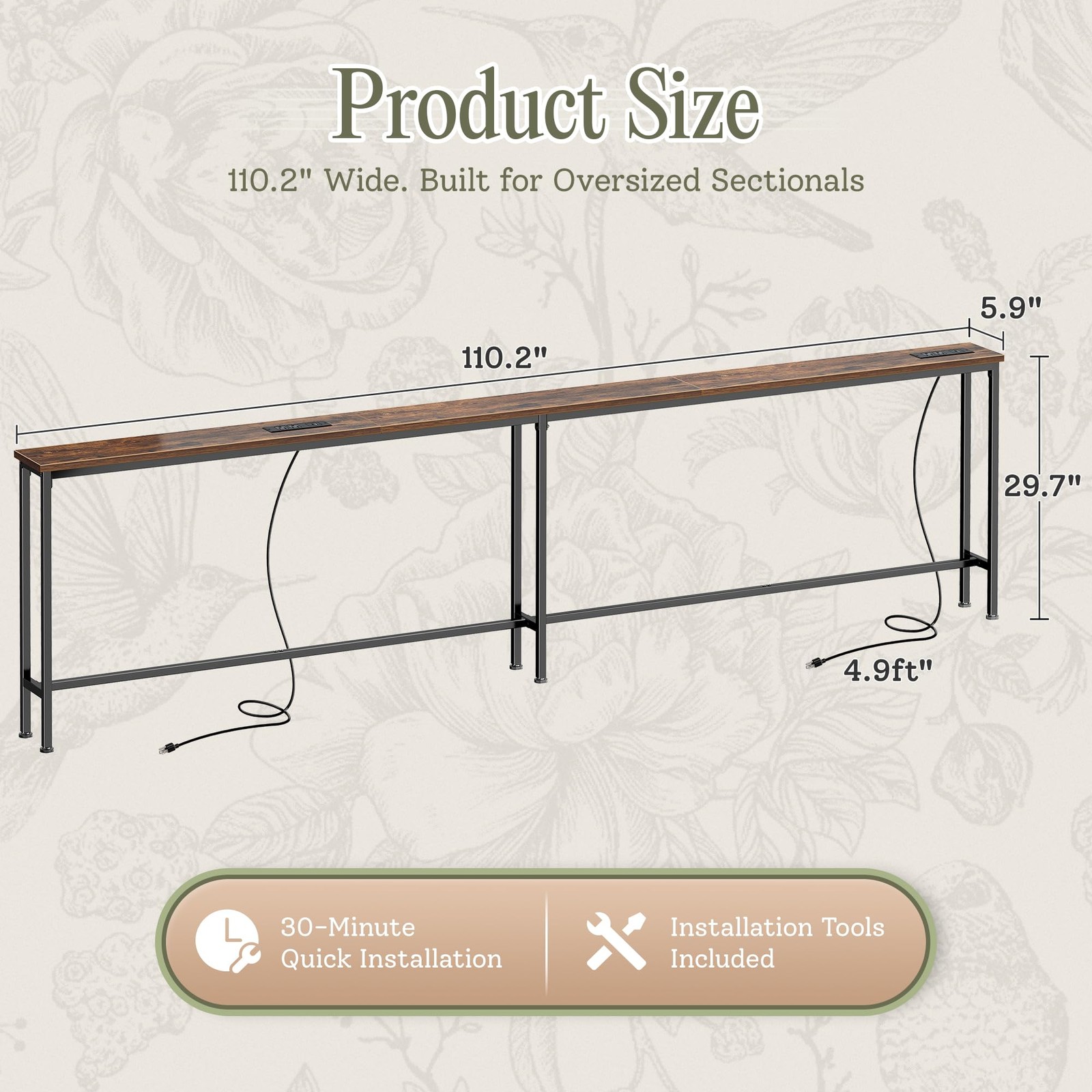 Huuger 110.2 Inch Behind Couch Table with 2 Power «W, Rustic Brown