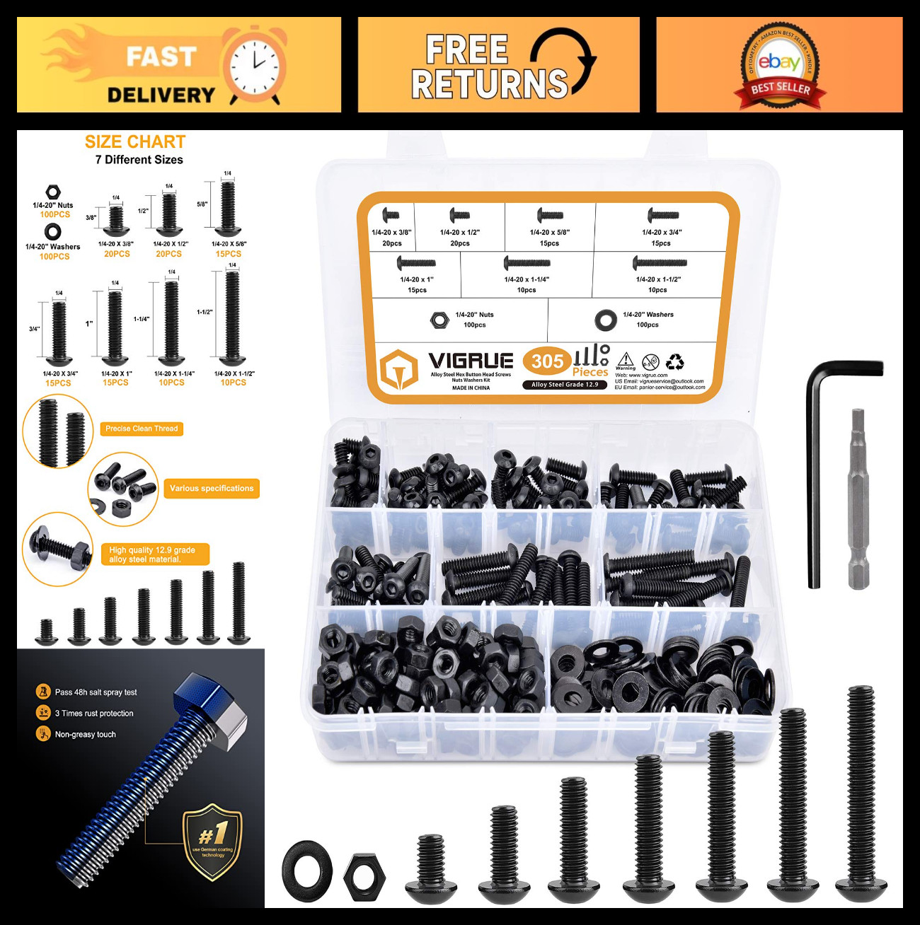 305Pcs 1/4-20 Bolt Nut Assortment Kit, Black Socket Cap Screws, Washers, Class 1