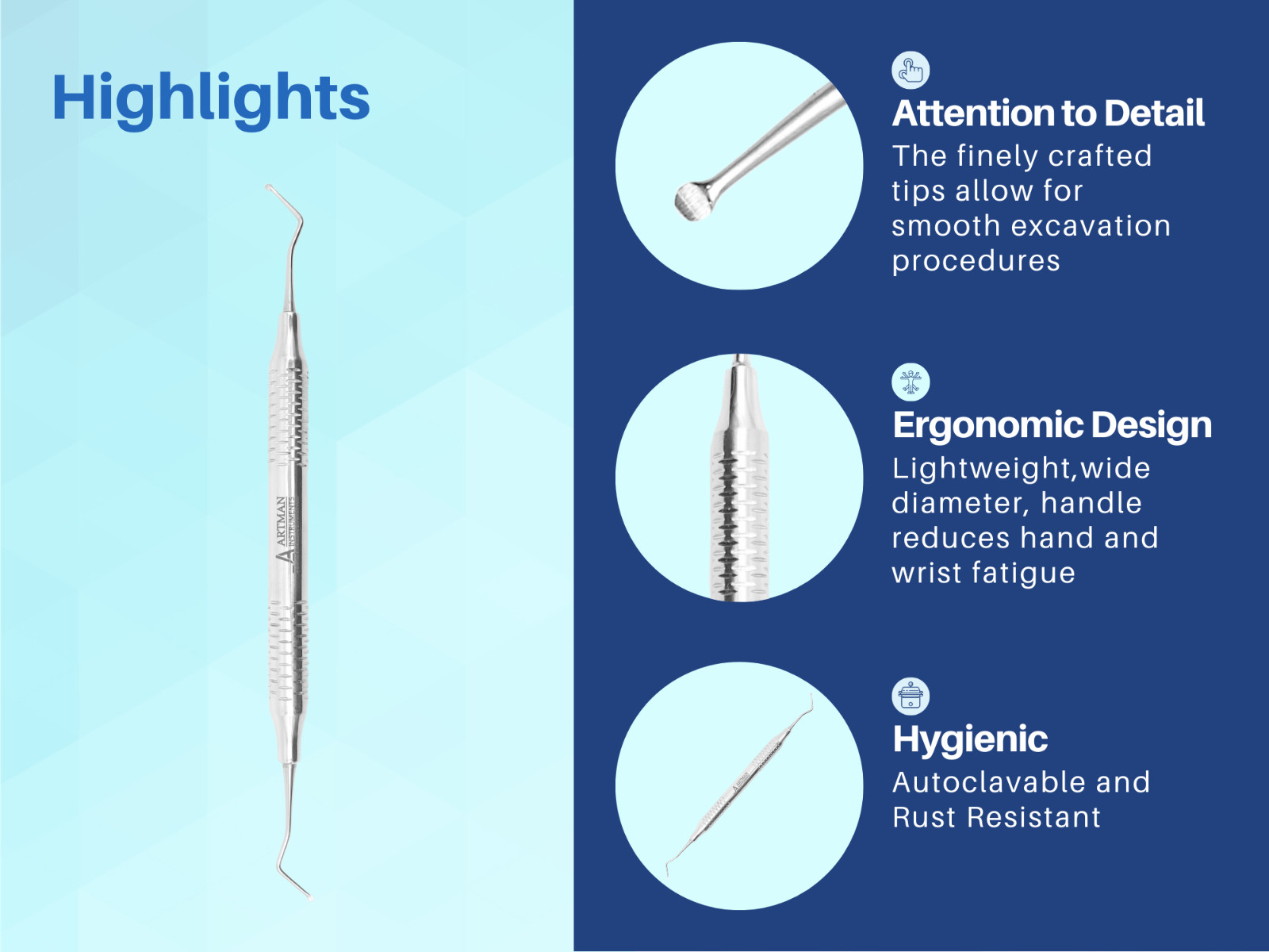 Dental Excavator Double Ended 1.5mm & 2mm Set of 3 Restorative Endodontic ARTMAN