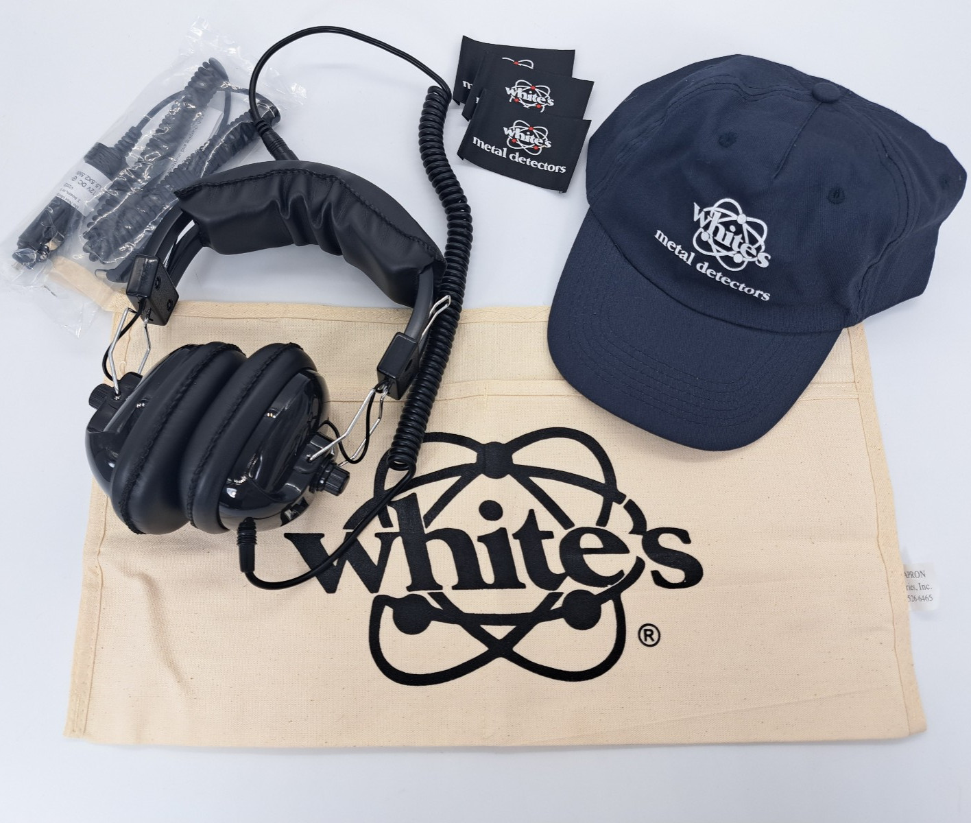 White’s Metal Detector Merchandise Lot: Adjustable Headphones, Hat, Charger, +++