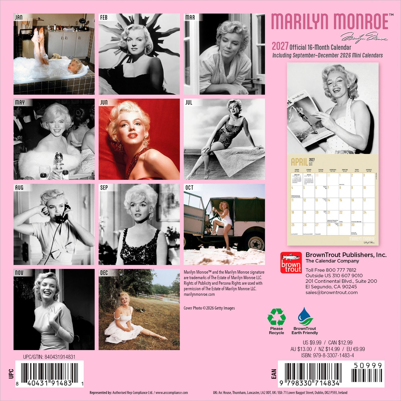 Marilyn Monroe OFFICIAL | 2027 7×14″ (Hanging) Monthly Mini Wall Calendar