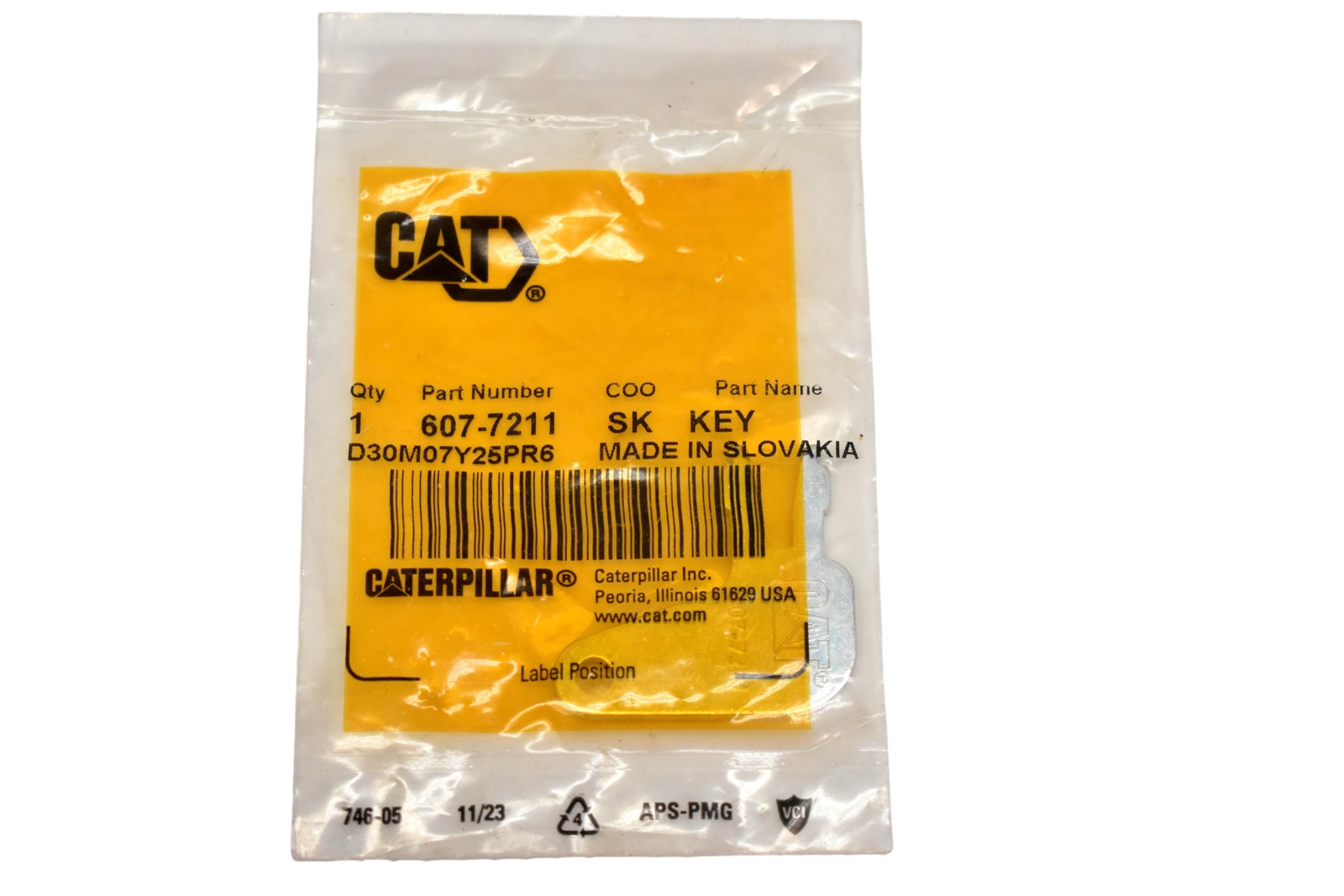 Caterpillar 607-7211 SK Key Silver Made In Slovakia CAT Equipment Part OEM