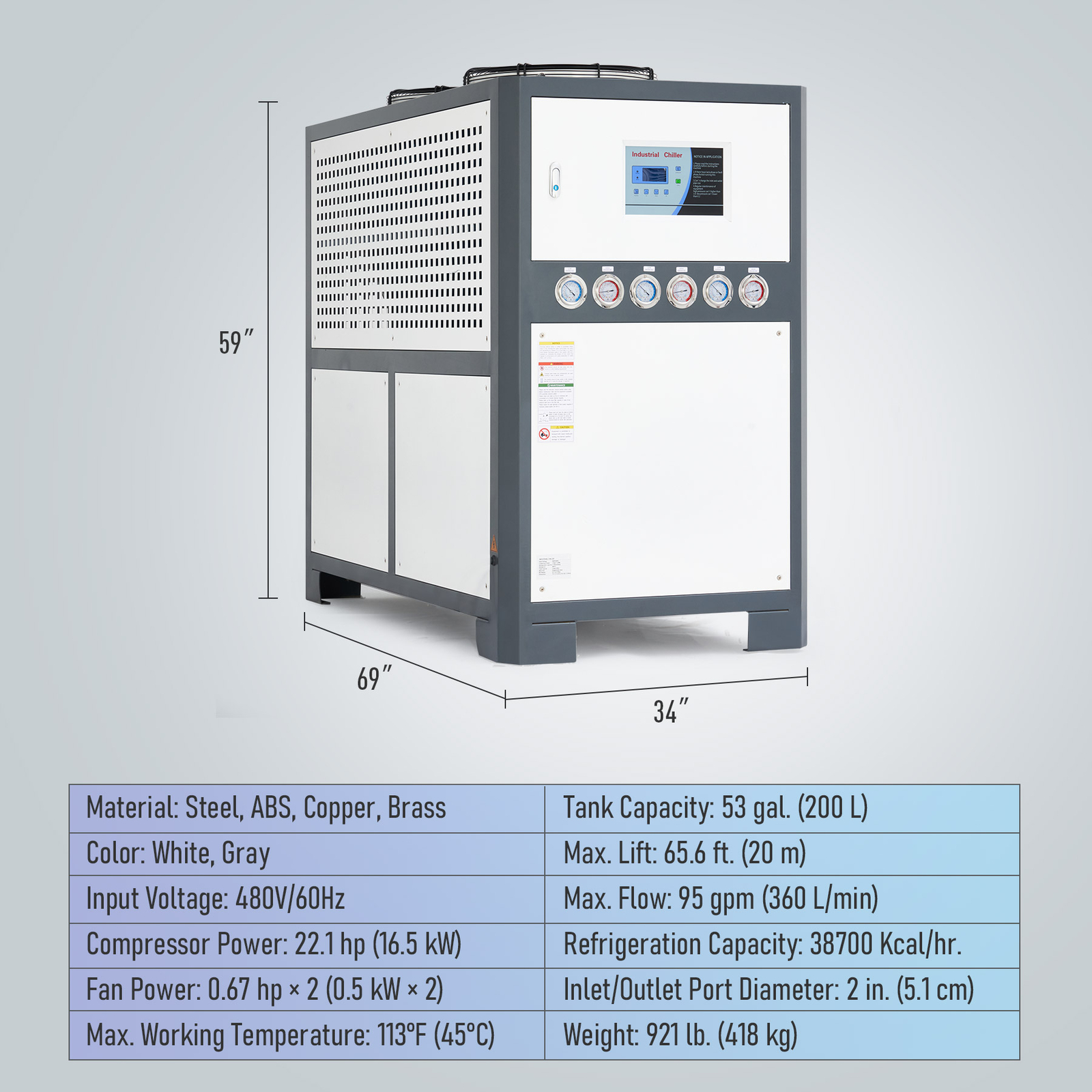 CREWORKS 15Ton Industrial Air-cooled Chiller with 53 gal Tank& 22 HP Compressor