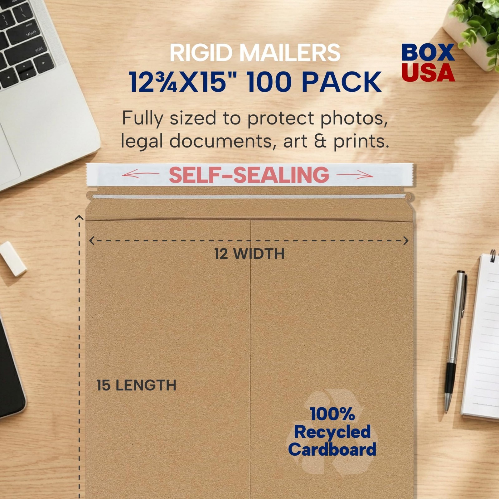 Rigid Mailers 12″ x 15″ (100-Pack) – Kraft Envelopes for Photos, Documents, Cert