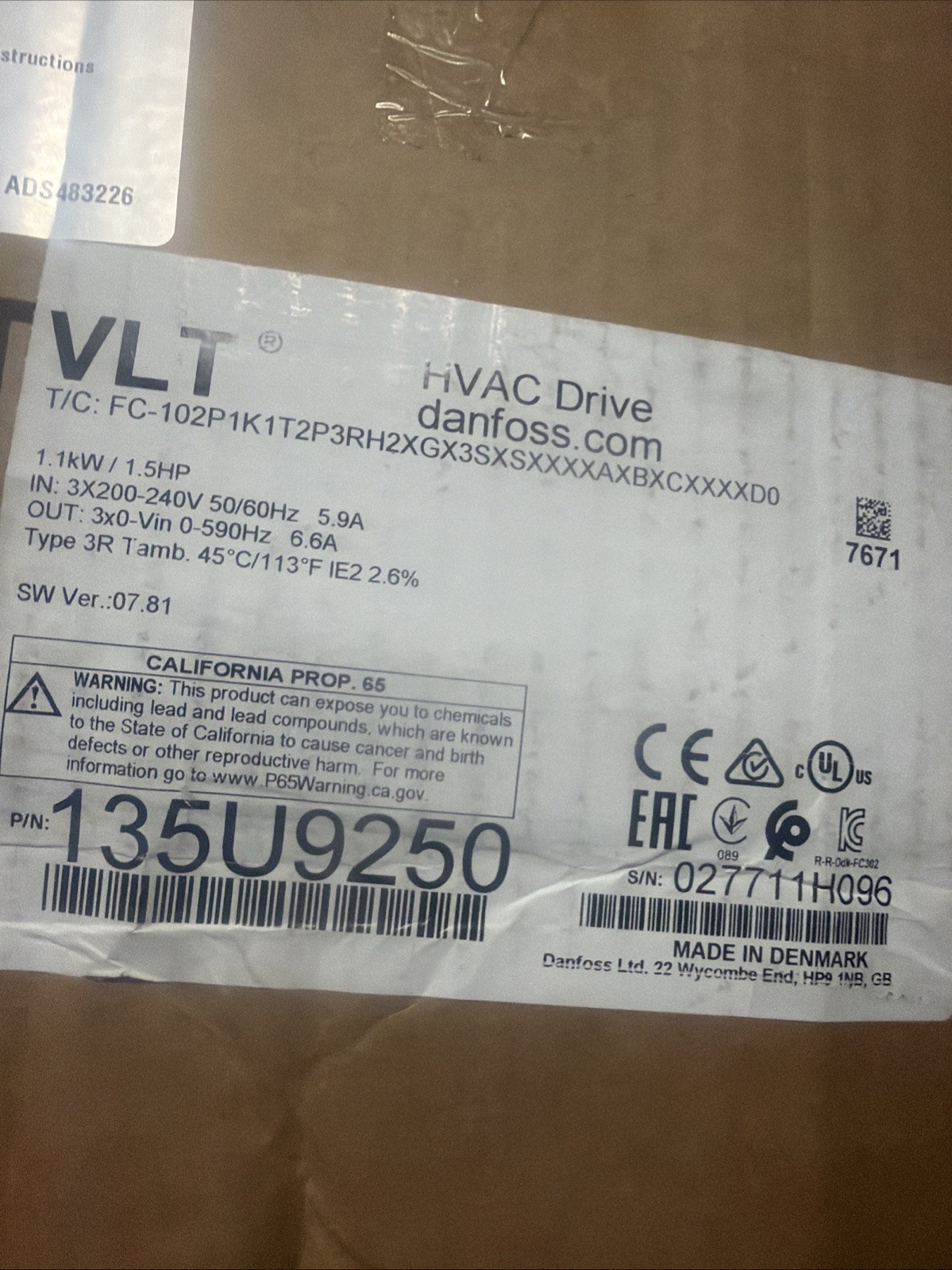 DANFOSS 135U79250 VLT FC-102P1K1T2P3RH2XGX3SXSXXXXAXBXCXXXXDO HVAC DRIVE