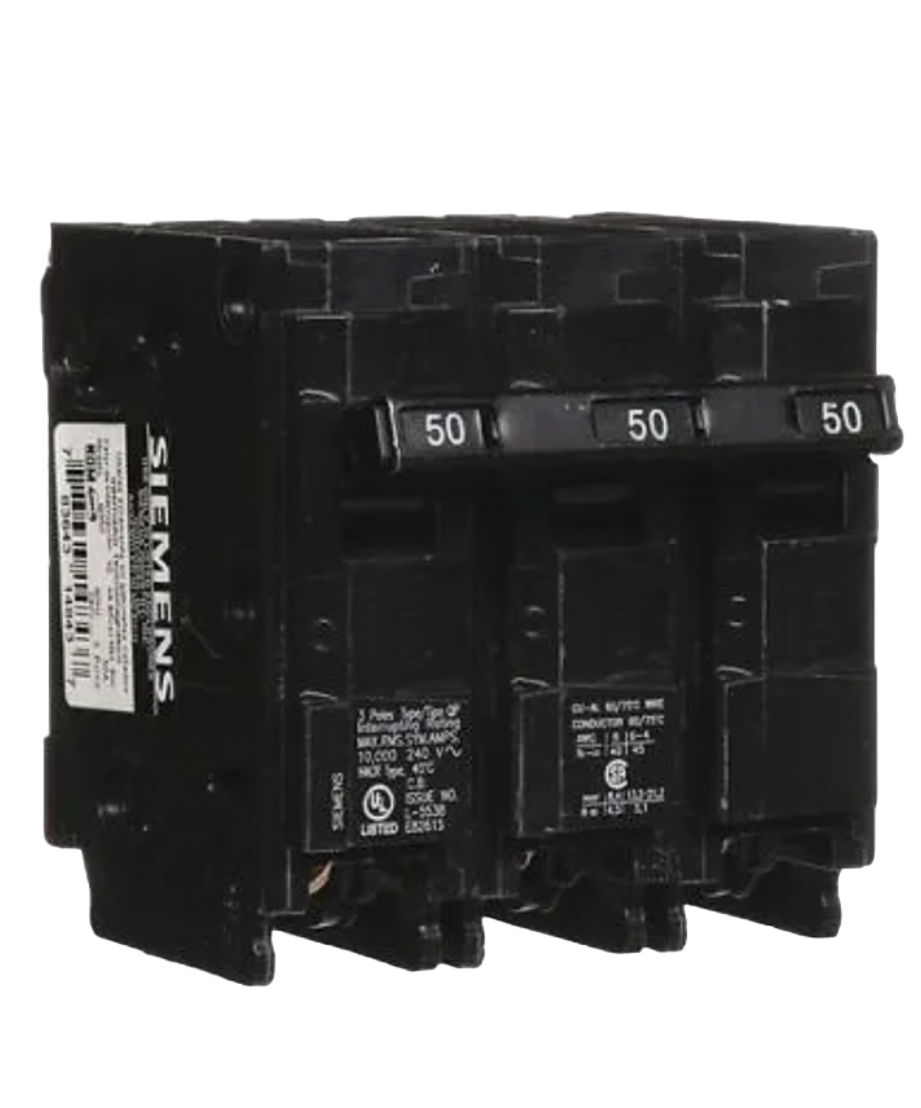 Siemens Q350 Circuit Breaker, 50 A, 240V Ac, 3 Pole, Plug In Mounting