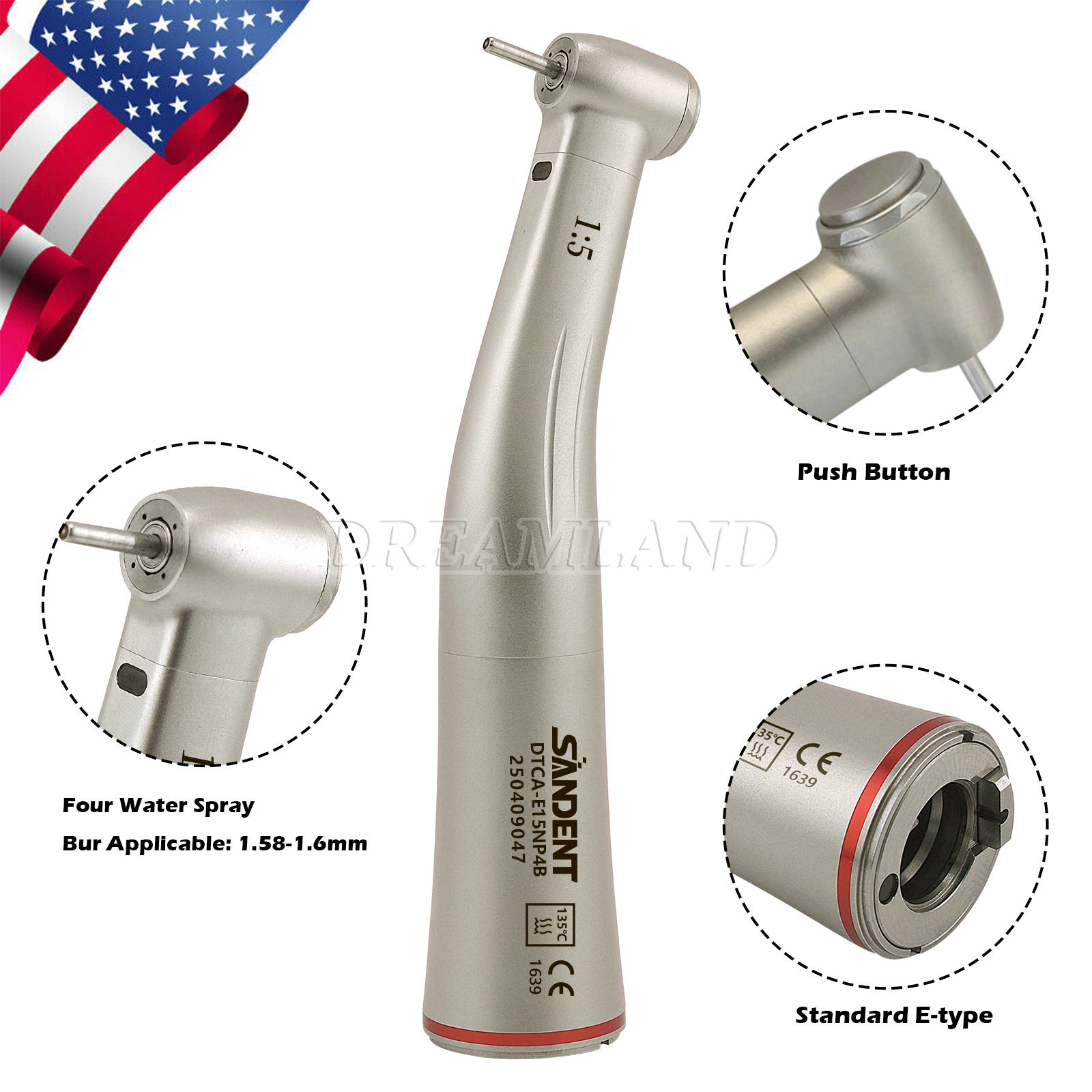 3pcs SANDENT Dental 1:5 LED Contra Angle Handpiece High Speed for Electric Motor