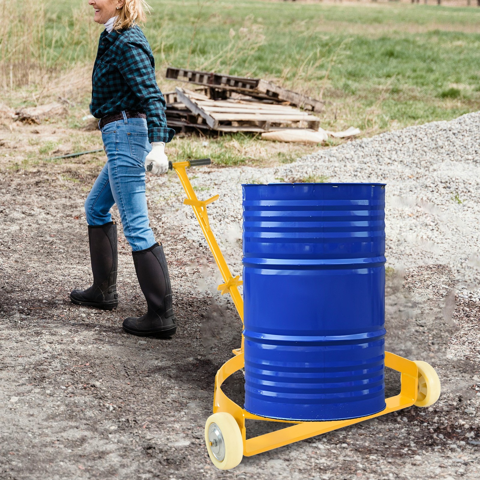 55 Gallon Drum Dolly, 1200lbs capacity, with 2 fixed PU Wheels and 1 swivel whee