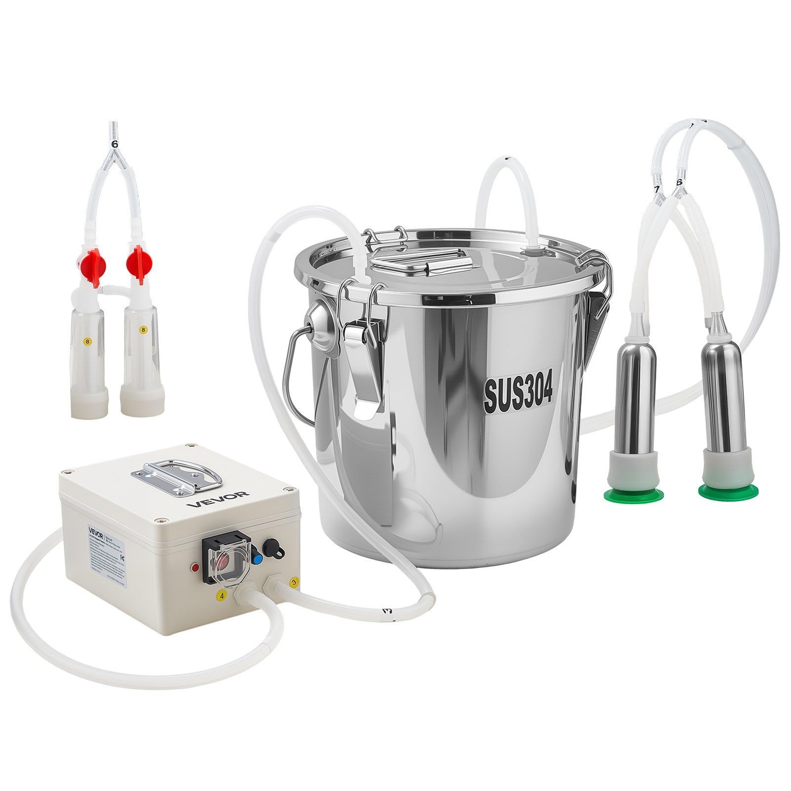 Goat Milking Machine w/ Adjustable Suction (45-50kPa), 12L SS Bucket, Battery