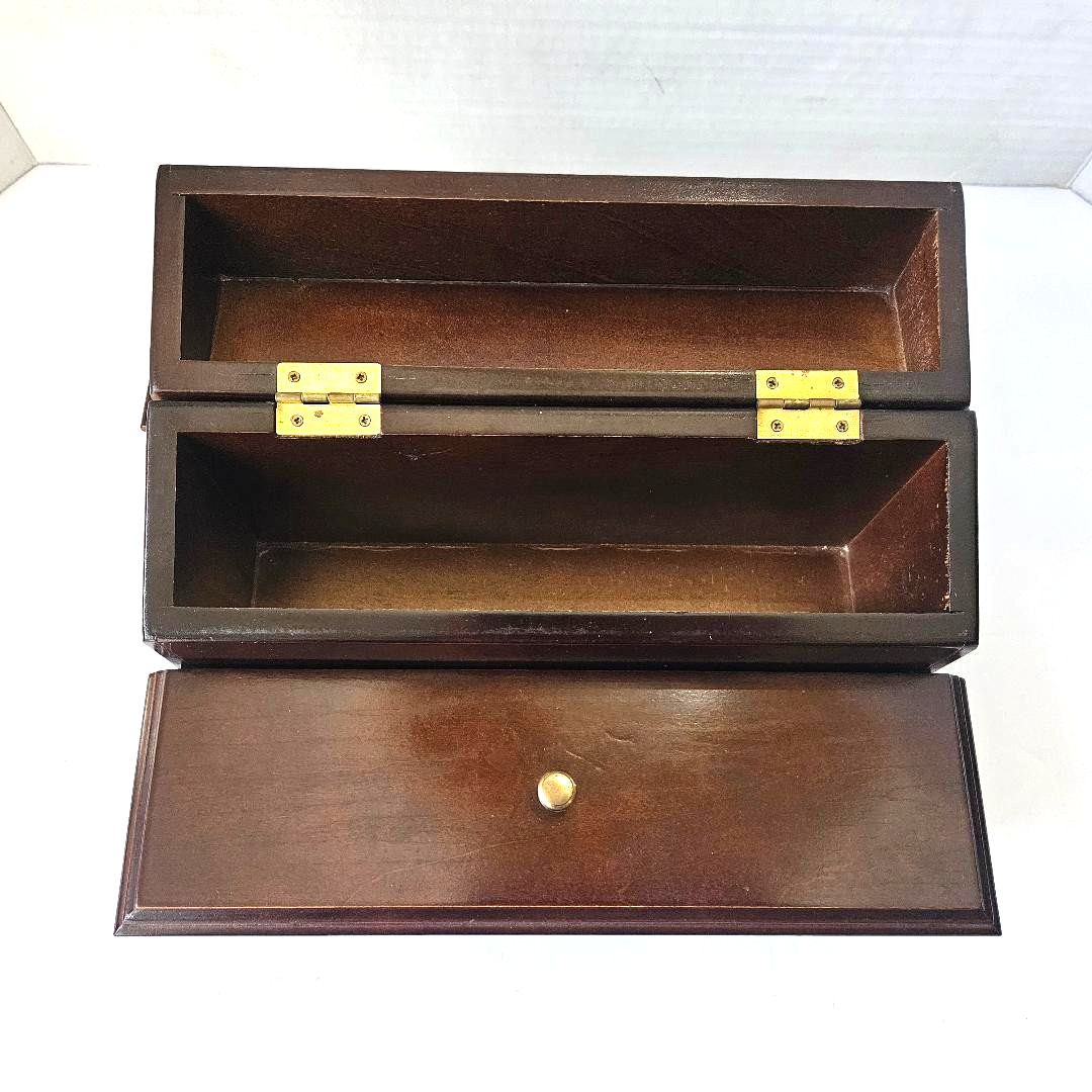 Vtg 5.5″ Tall, 10″ Long, 6″ Deep, Mahogany Wood Box Desk Organizer w/Hinged Lids