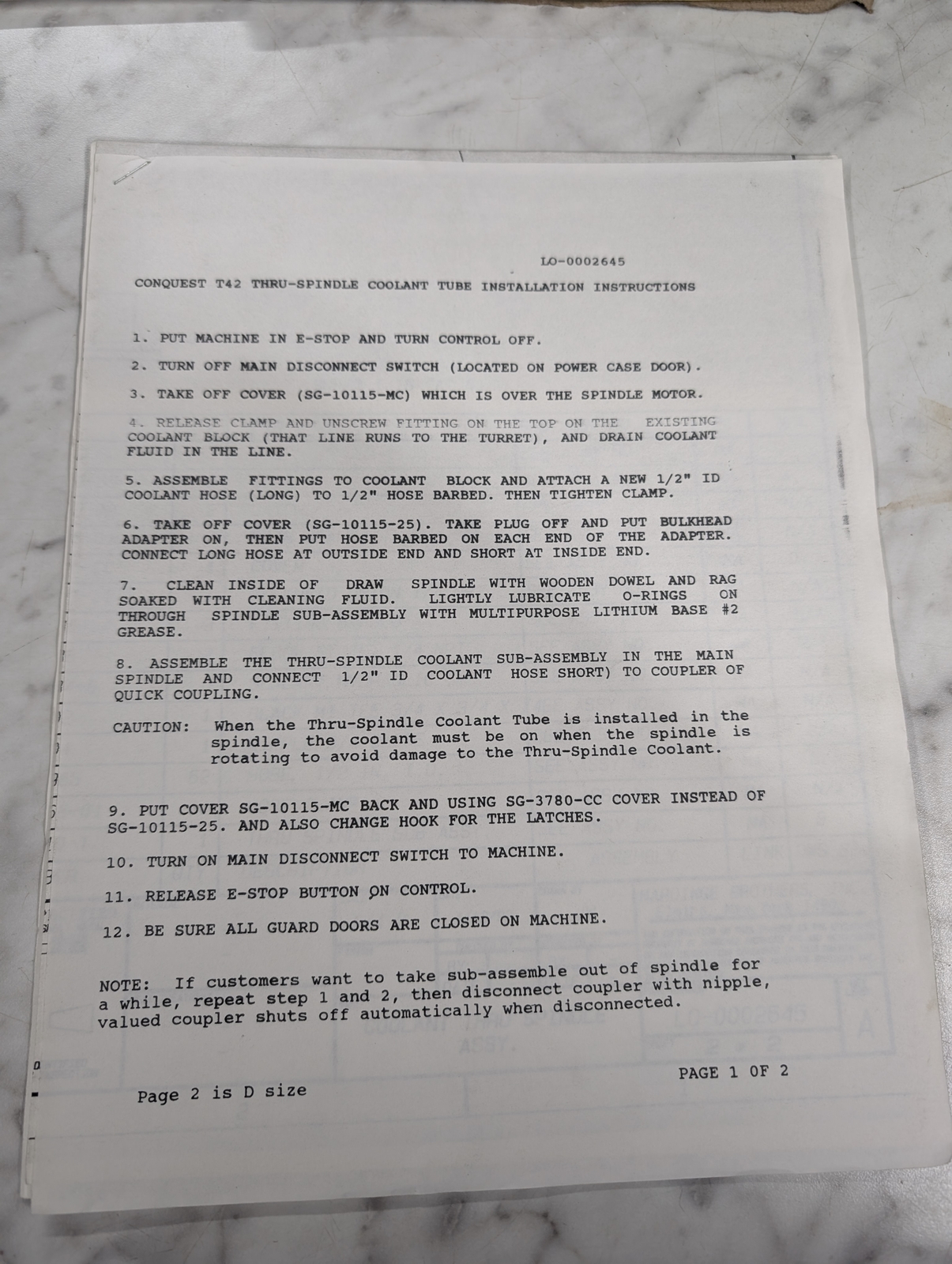 HARDINGE CONQUEST T42 THRU-COOLANT TUBE INSTALLATION INSTRUCTIONS SPINDLE