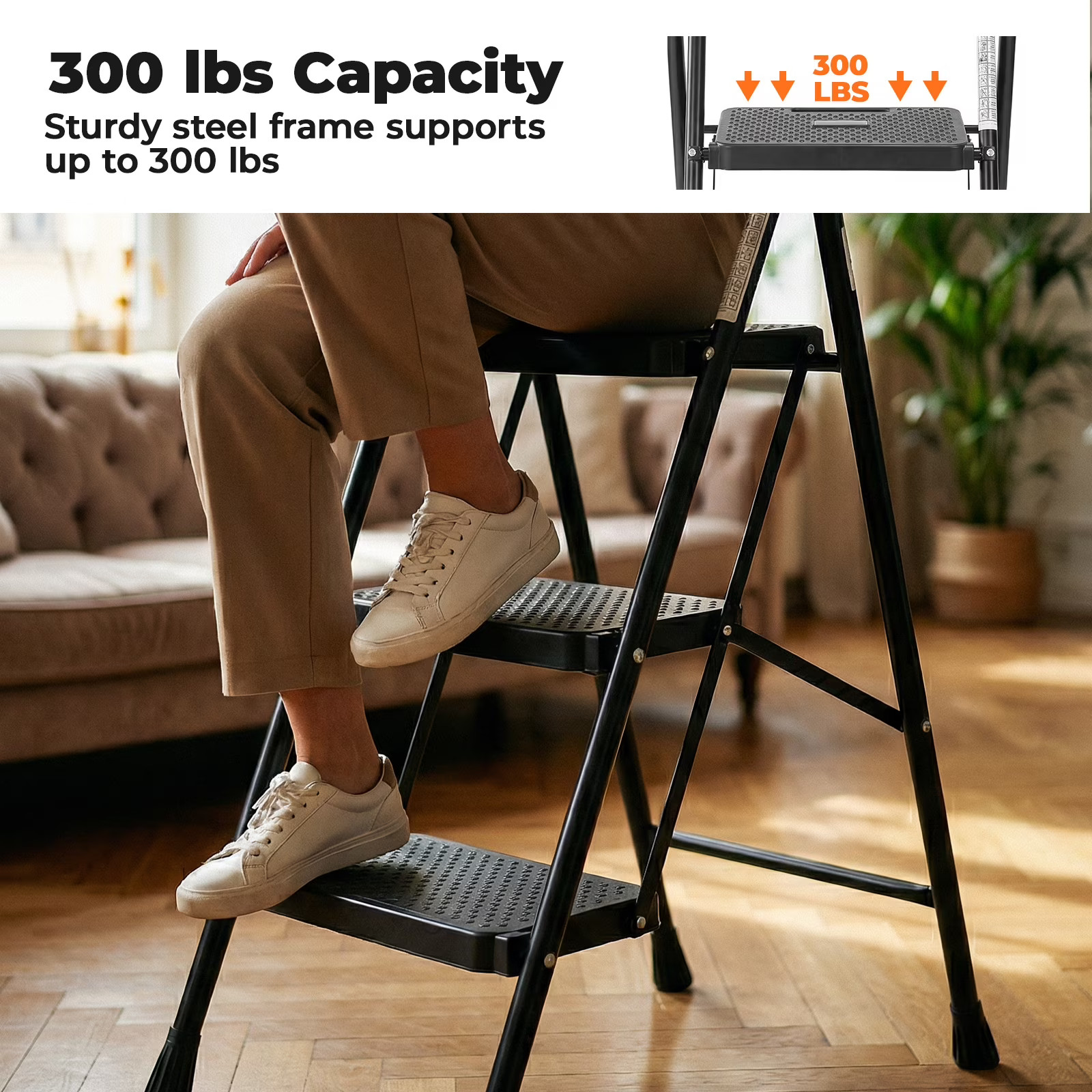 Heavy Duty Foldable 3 Step Stool Ladder Anti-Slip Pedal for Home Kitchen Access