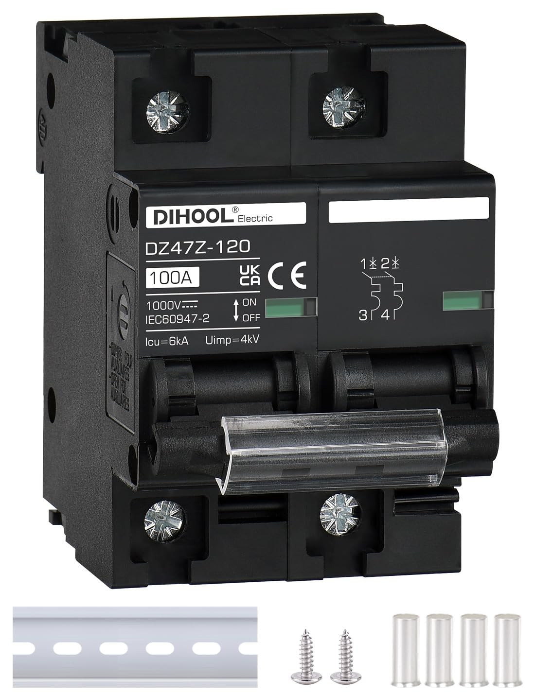 DIHOOL DC Circuit Breaker 100 Amp Solar Disconnect Switch 2p 1000V for PV, UPS,
