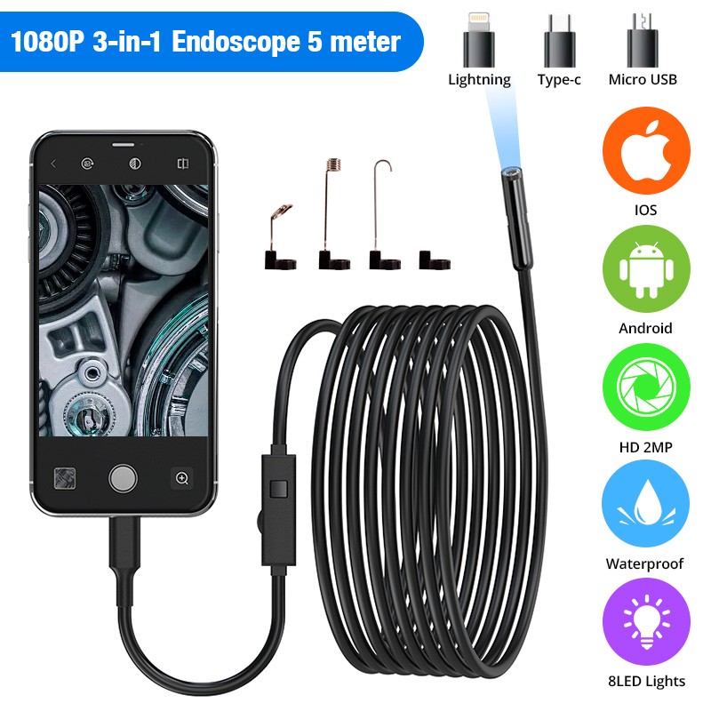 IP67 Waterproof 3in1 Endoscope 1080P 8 Adjustable LED 5M Flexible Snake Camera