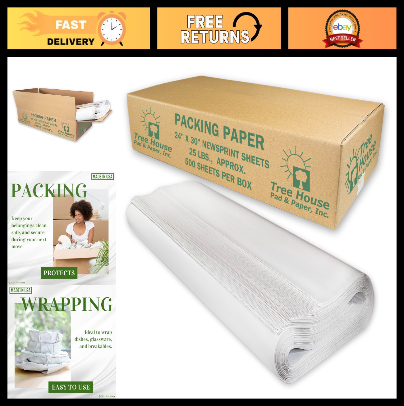 Packing Paper for Moving – 500 Sheets, 24″x30″ Newsprint – Recyclable, Heavy-Dut