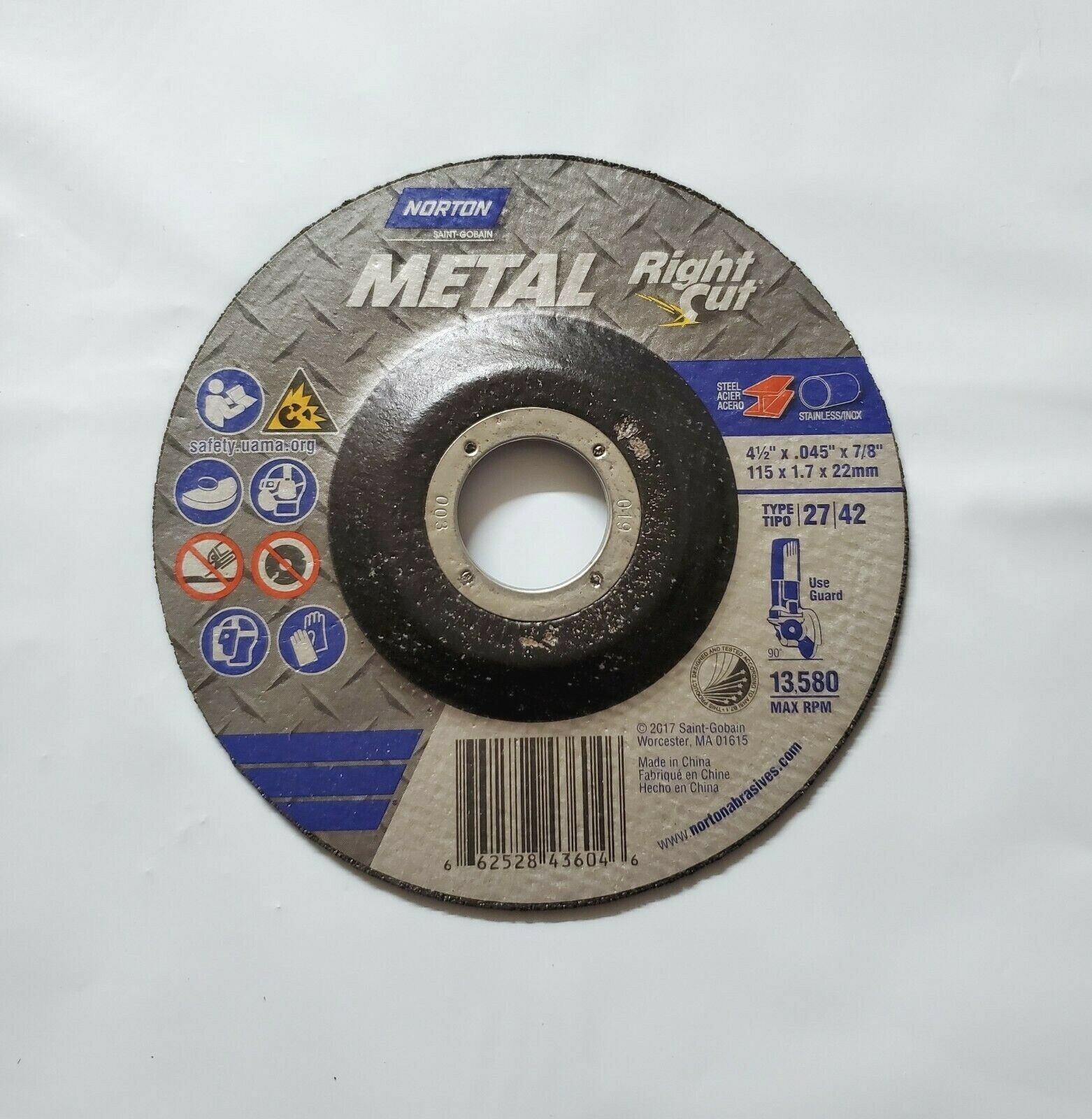4-1/2″ x .045″ x 7/8″ Type 42 Dep Center Cut Off Wheel Norton, Lot of 60 BULK