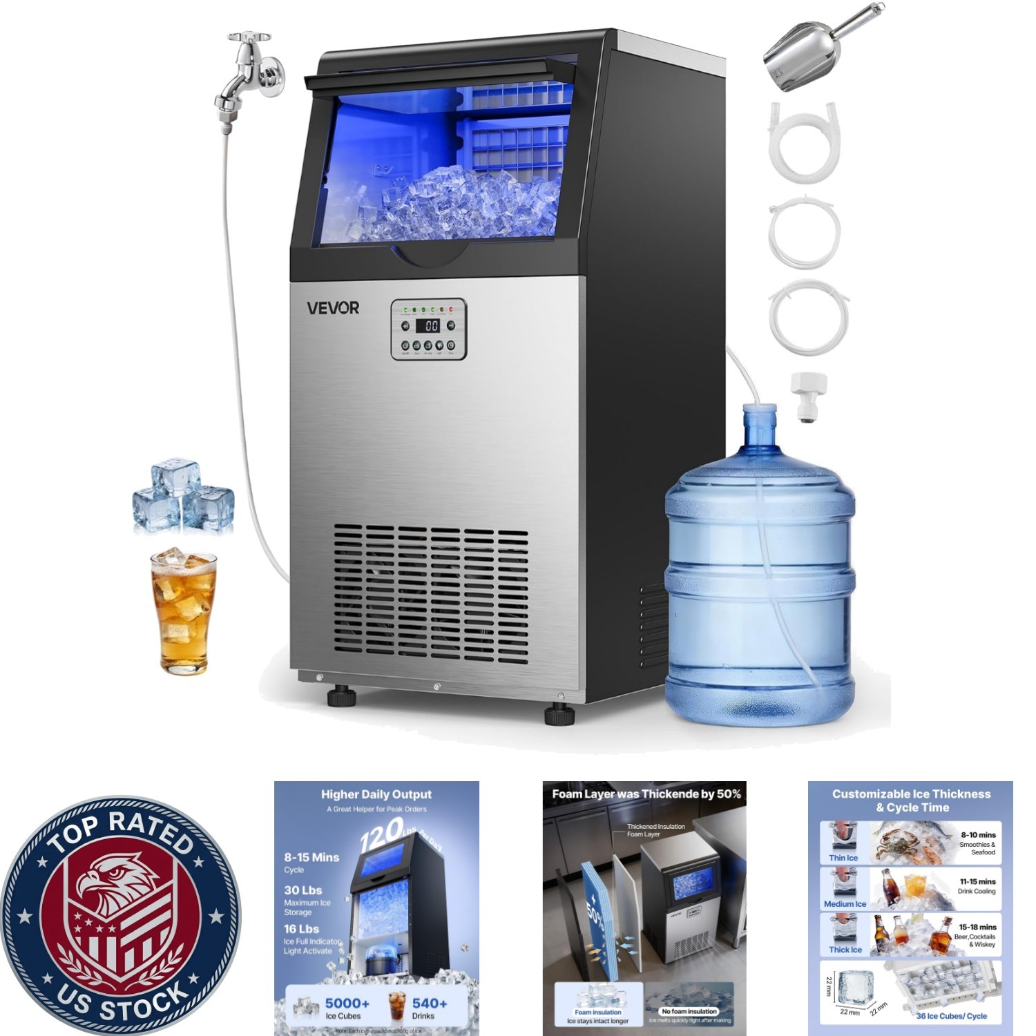 Efficient Ice Production: 120 lbs Per Day Ice Maker with 30 lbs Storage Capacity